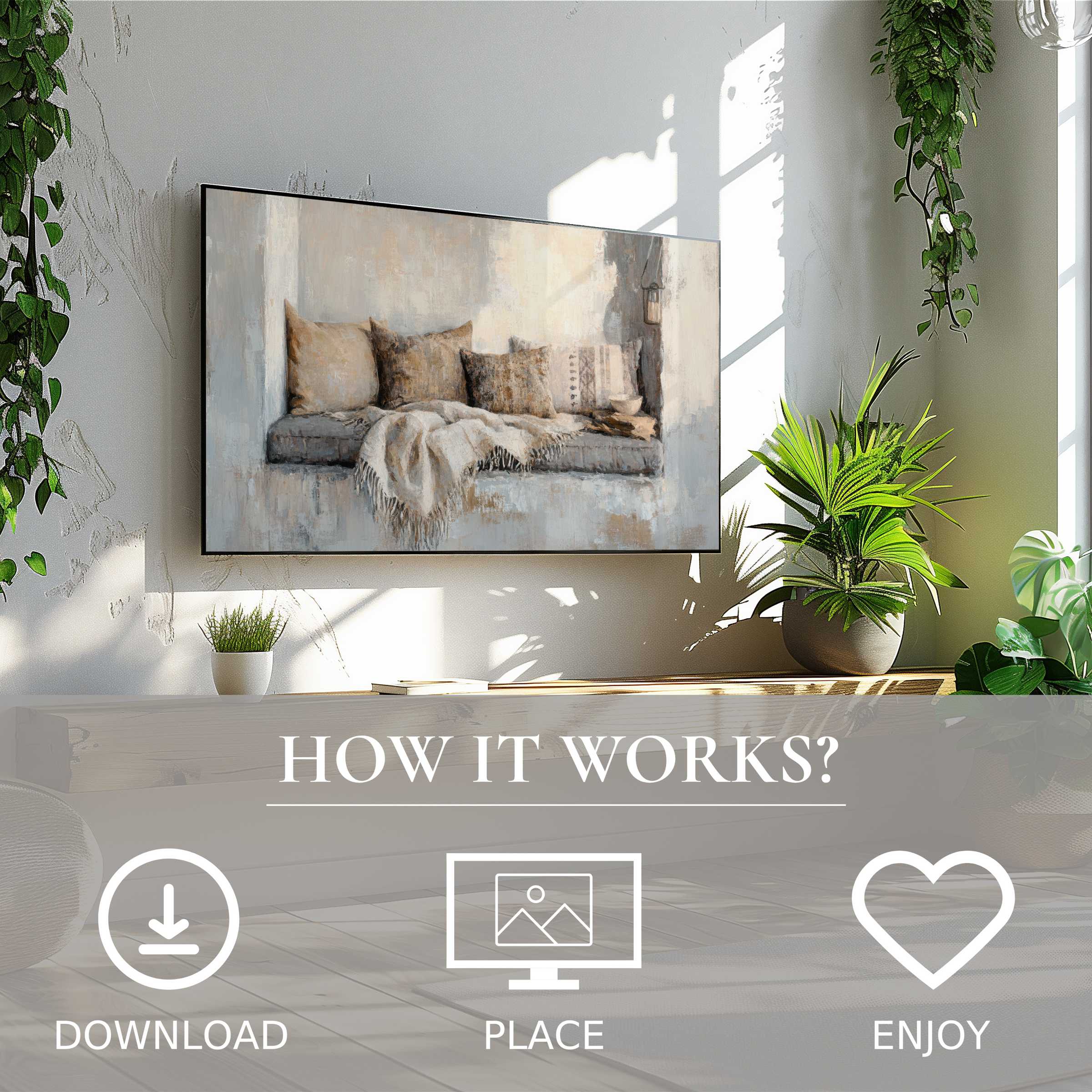 Boho art for Samsung TV shows soft neutral tones and cozy textures, easy digital download enriches modern living spaces