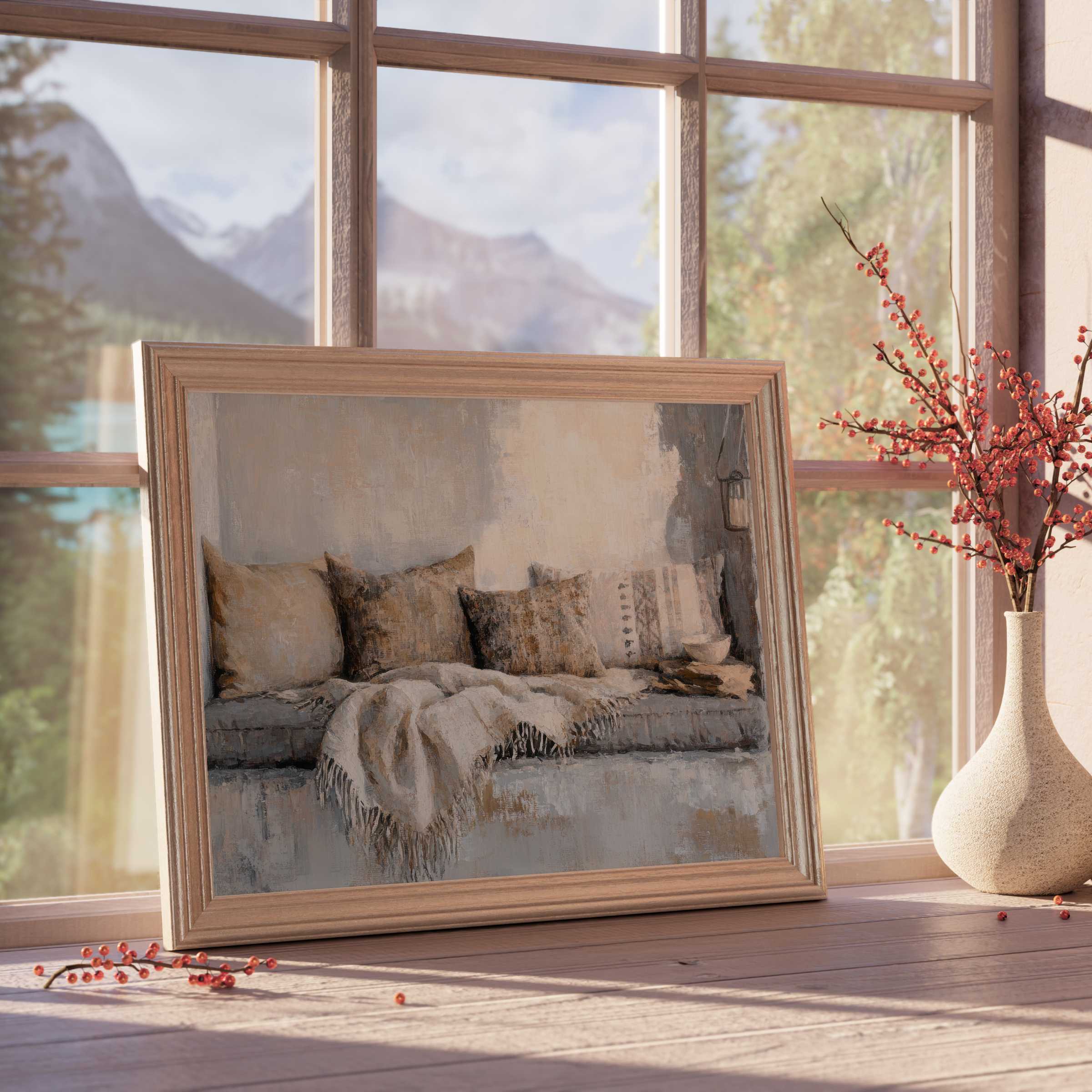 Boho downloadable art featuring a cozy, textured couch scene in warm neutrals, enhancing serene, curated interior sanctuaries