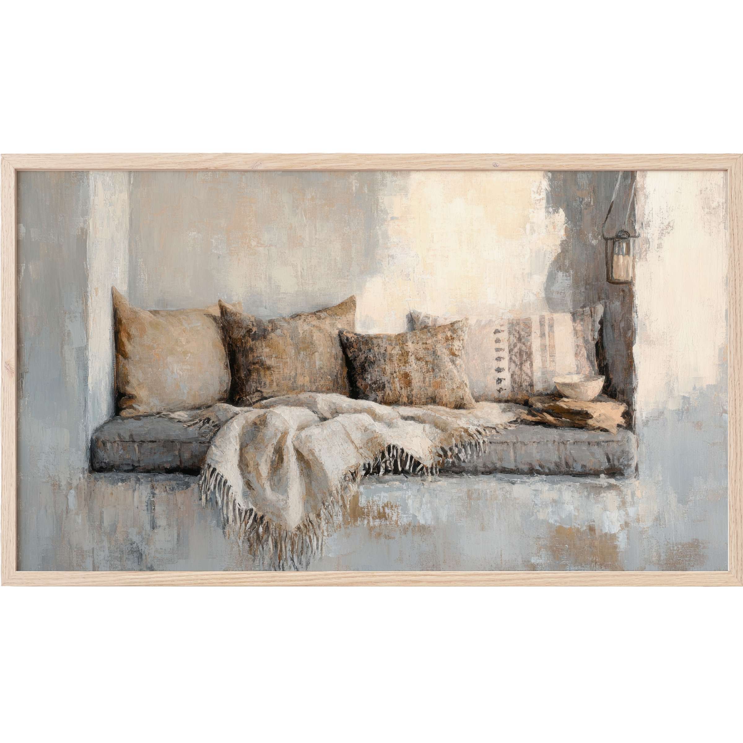 Boho Frame TV Art featuring a textured nook with neutral taupe, cream, and gray pillows and soft throw