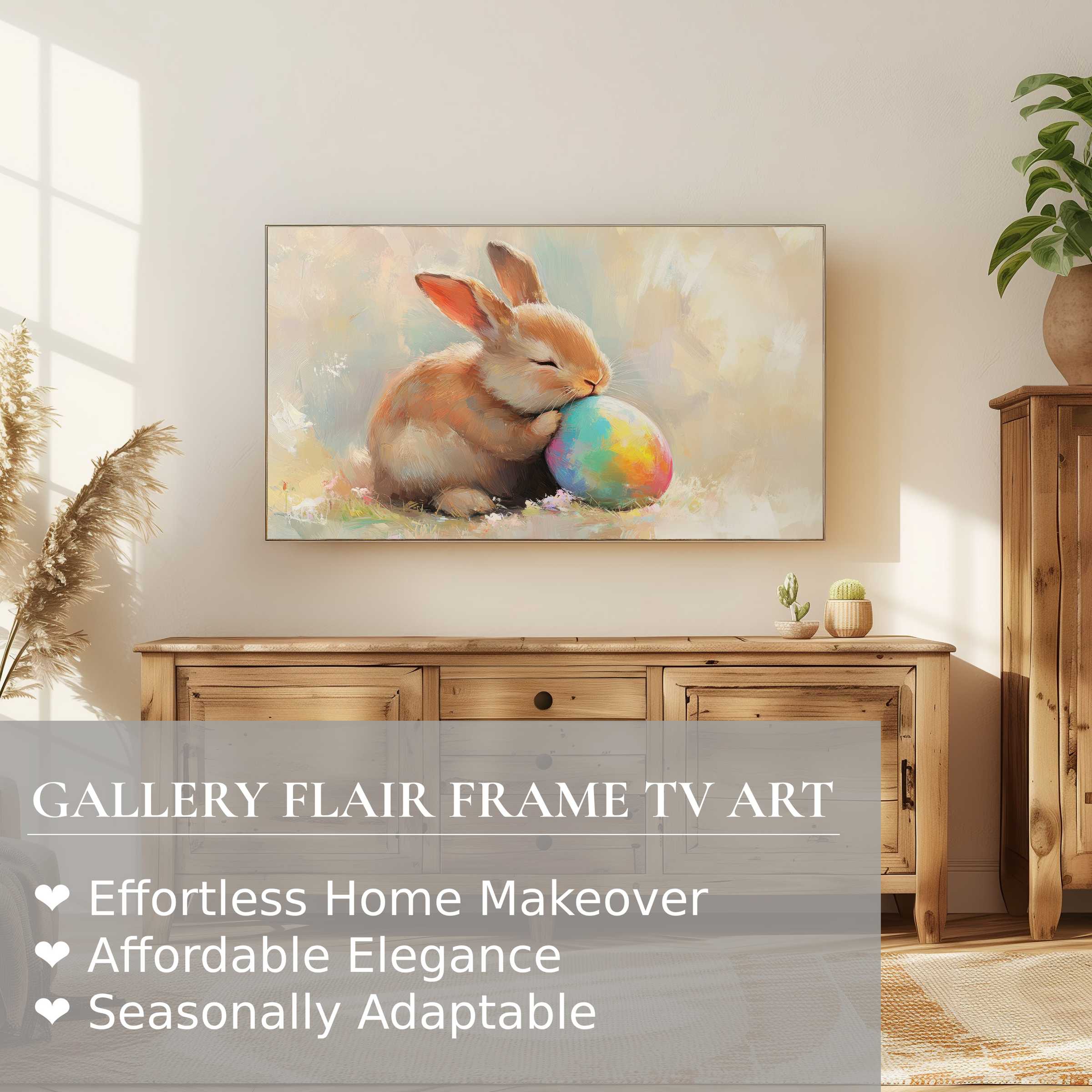 Modern Samsung Frame TV displays delicate easter digital artwork of a serene bunny with pastel egg in warm, elegant setting