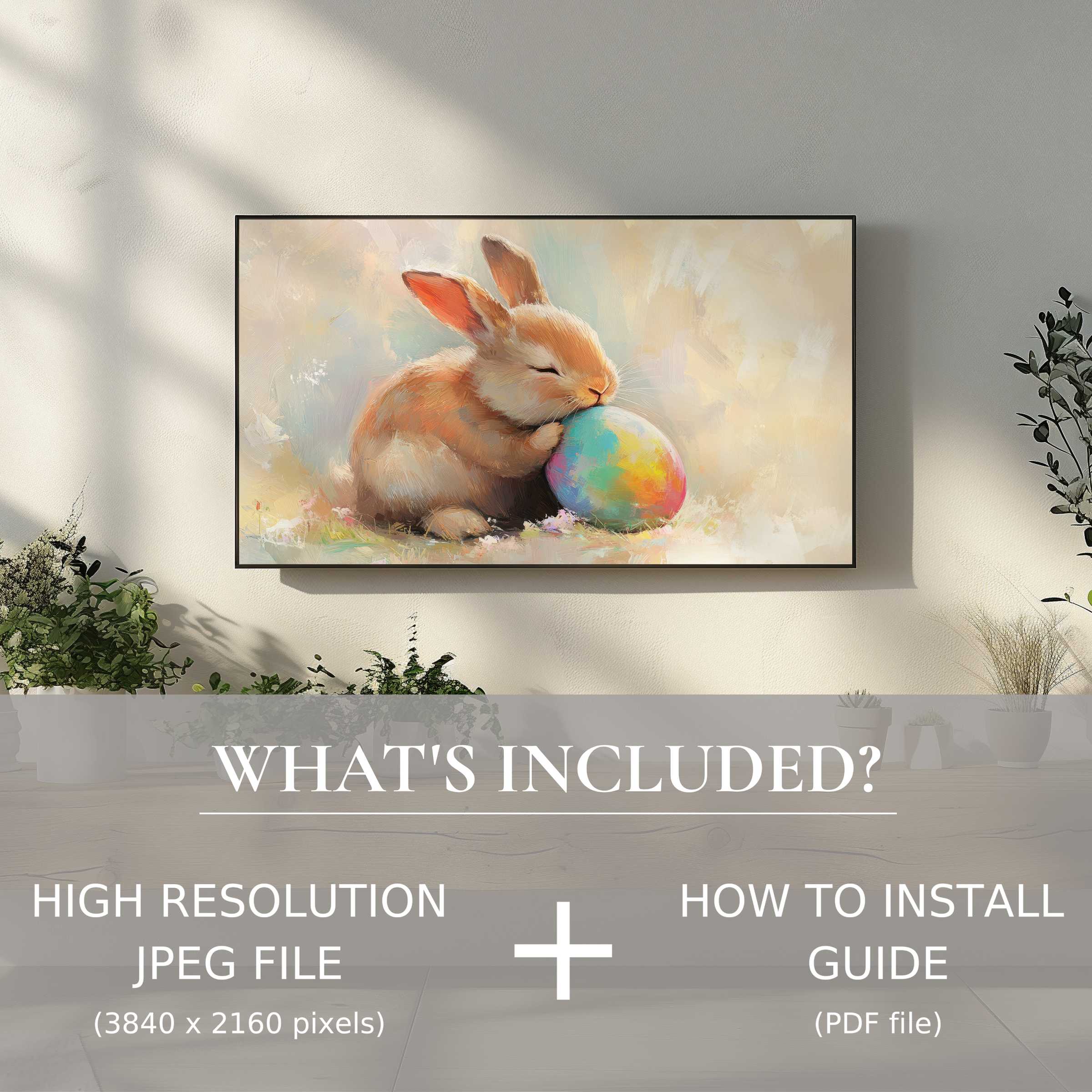 Elegant living room with easter digital TV art download featuring a soft bunny design for instant decor charm