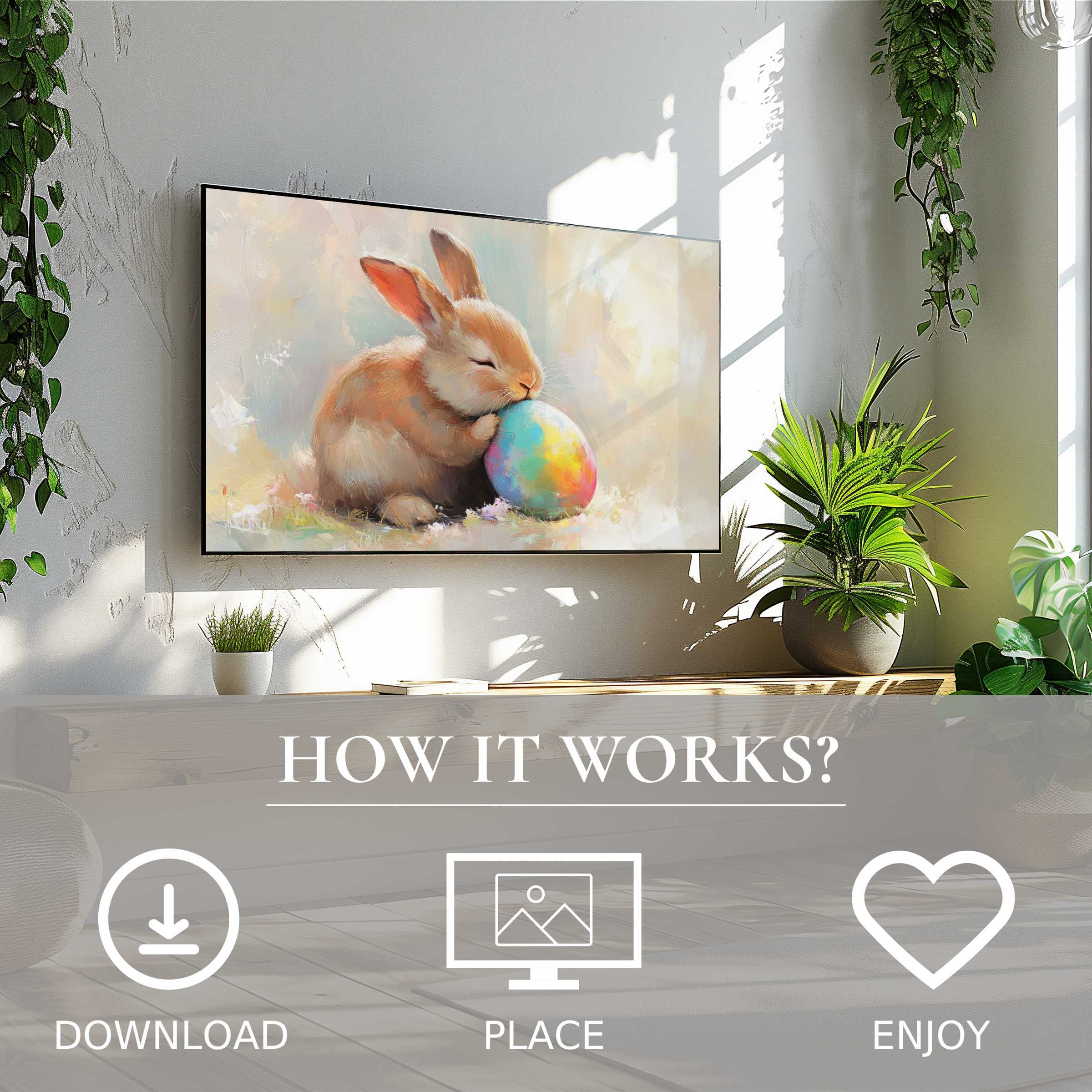 Easter art for Samsung TV shows a soft pastel bunny with color flow egg, easy digital download enriching modern living spaces