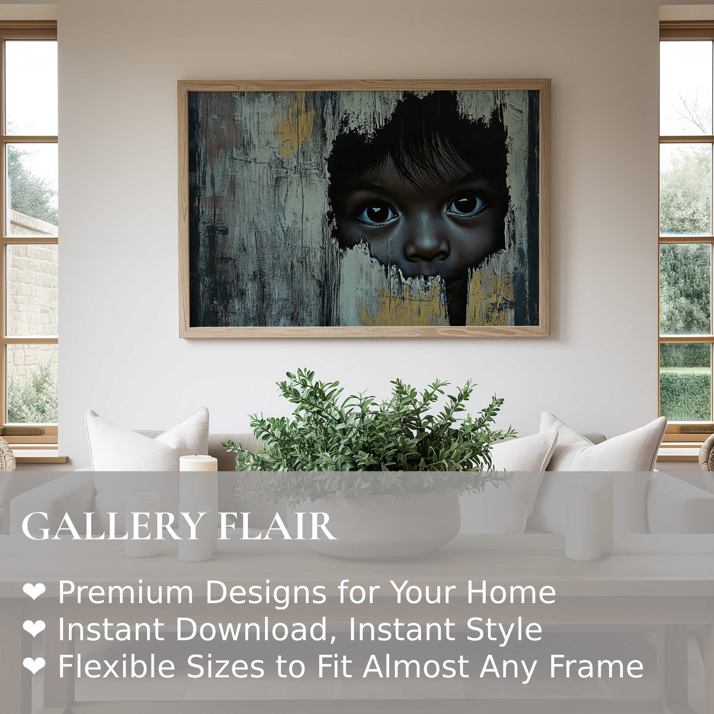 Street art wall art print capturing a radiant, soulful child’s gaze with bold, textured urban decay-perfect for modern, minimalist interiors