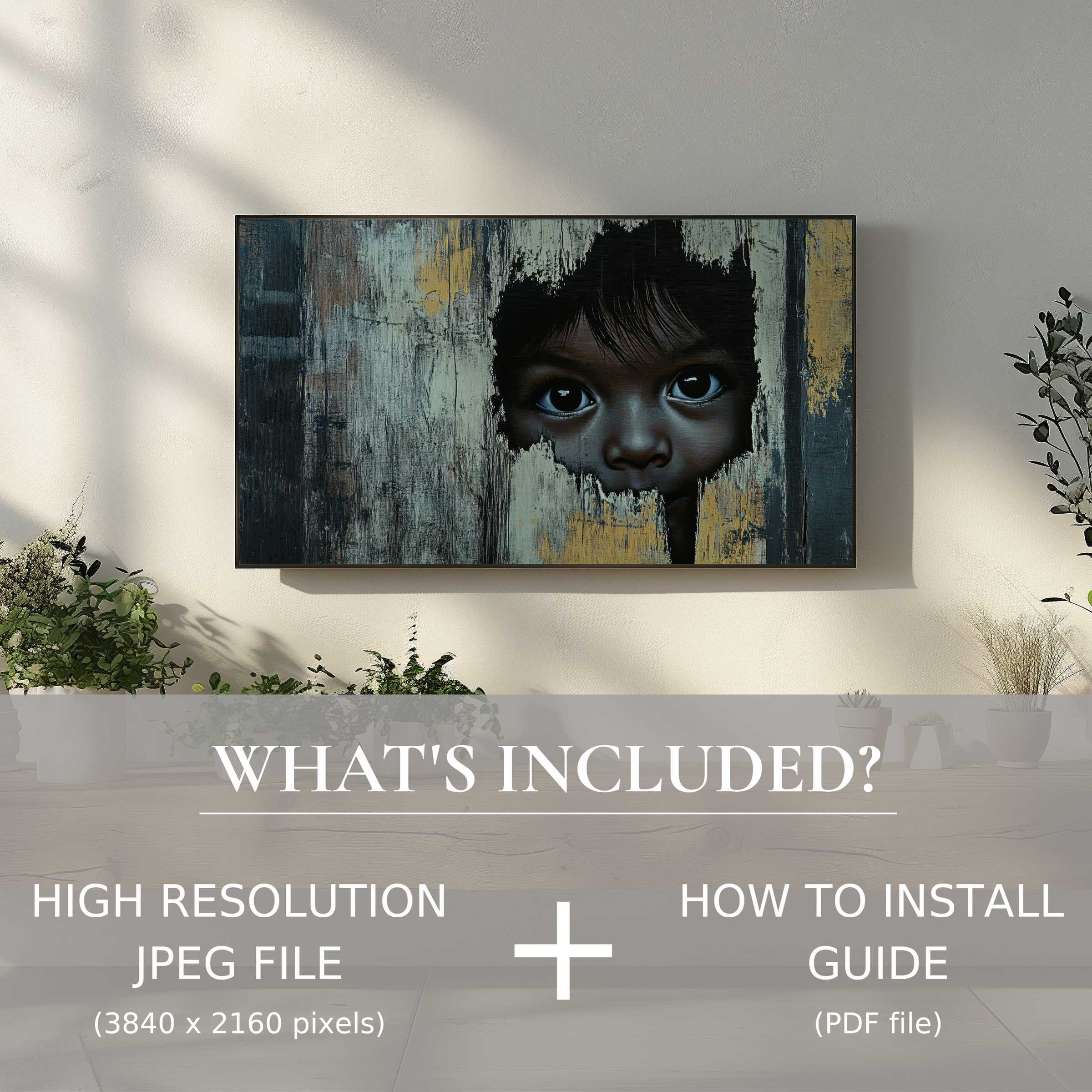 Chic living space enhanced by street art digital TV art download; easy digital use with high-res JPEG and guide