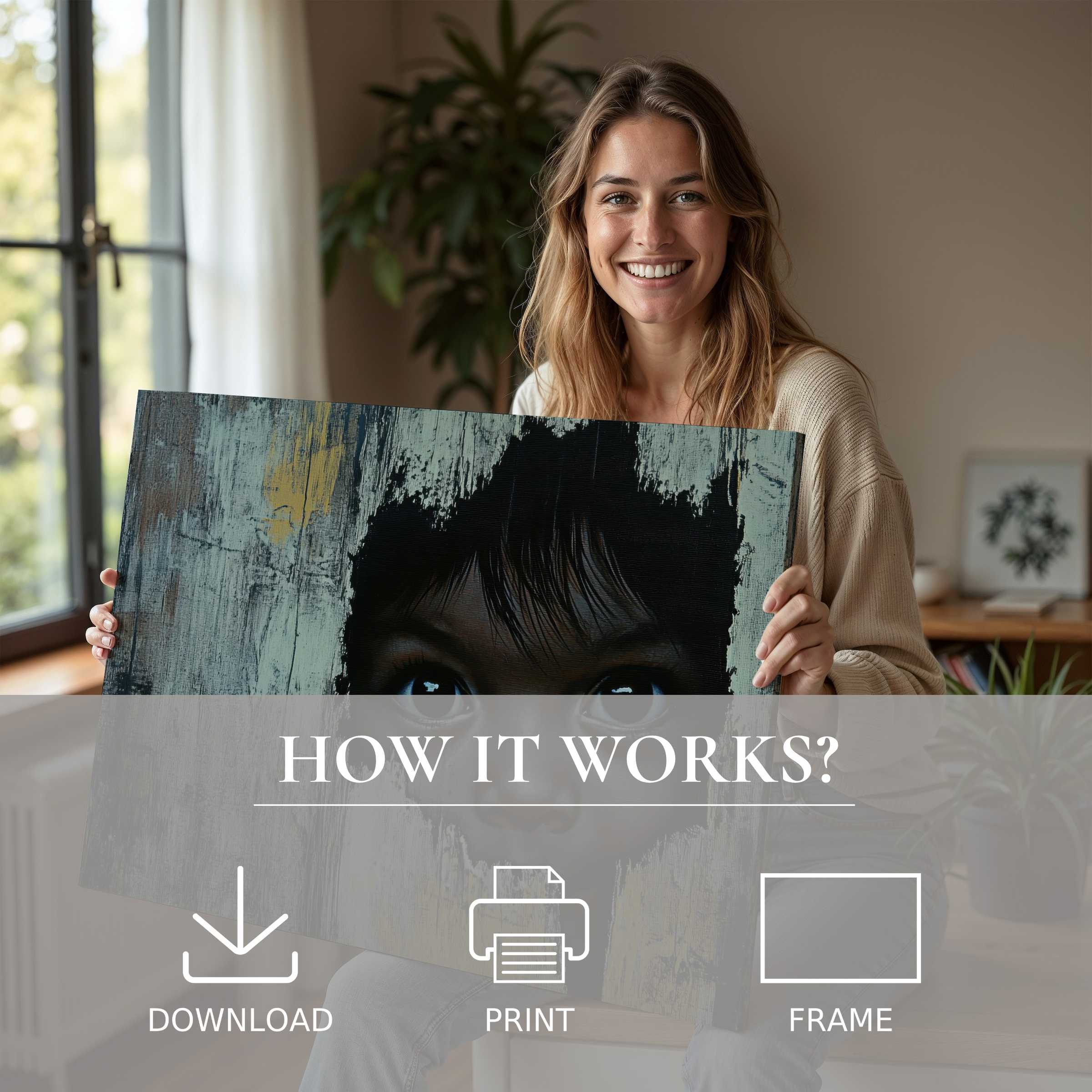 Smiling woman in a chic modern living room embraces a textured street art digital art print, embodying joy and effortless elegance in living with art