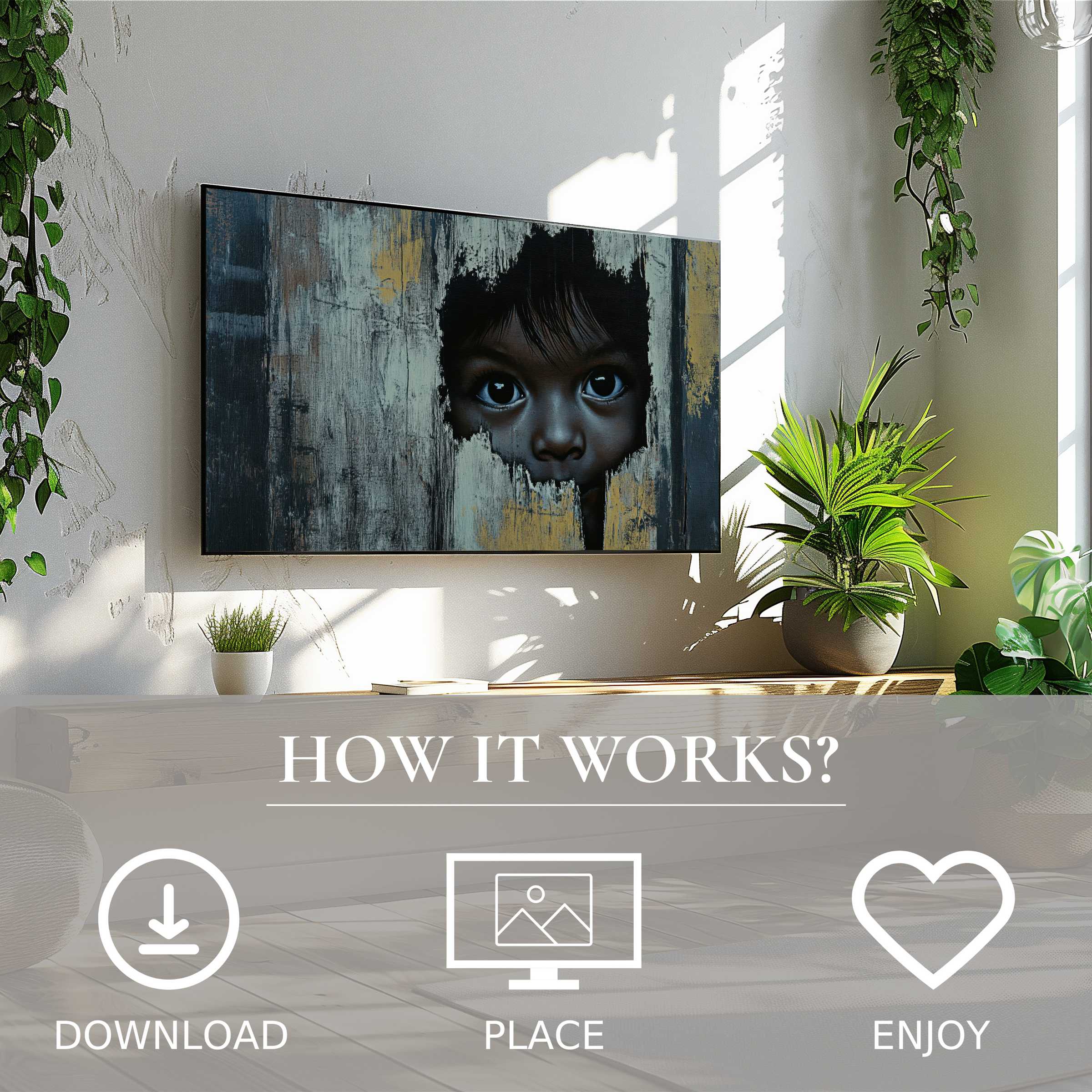 Modern living room with street art for Samsung TV, digital download shows a haunting child’s gaze motif, enriches space