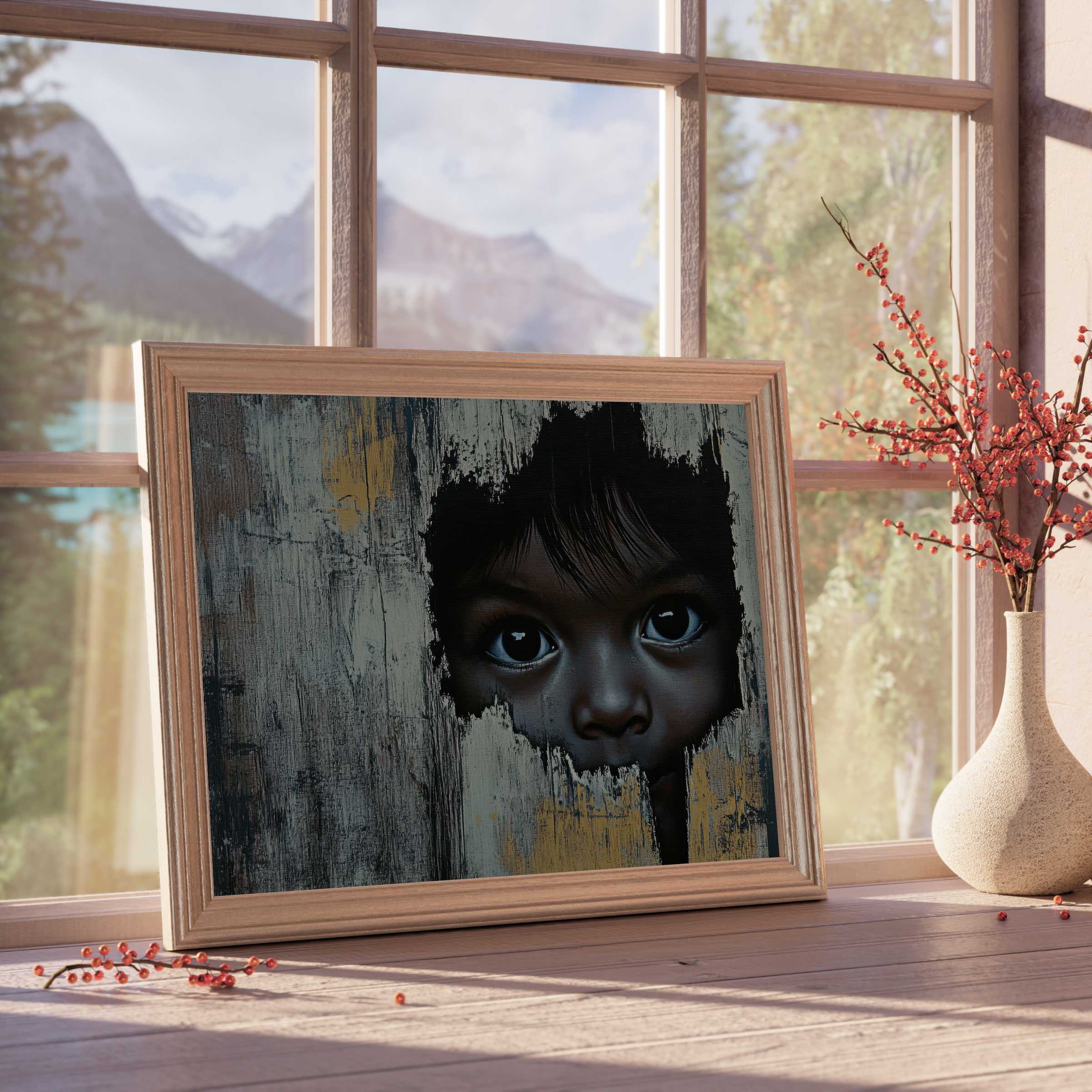 Evocative street art downloadable art capturing a child's soulful gaze through weathered textures, perfect for serene, curated interiors