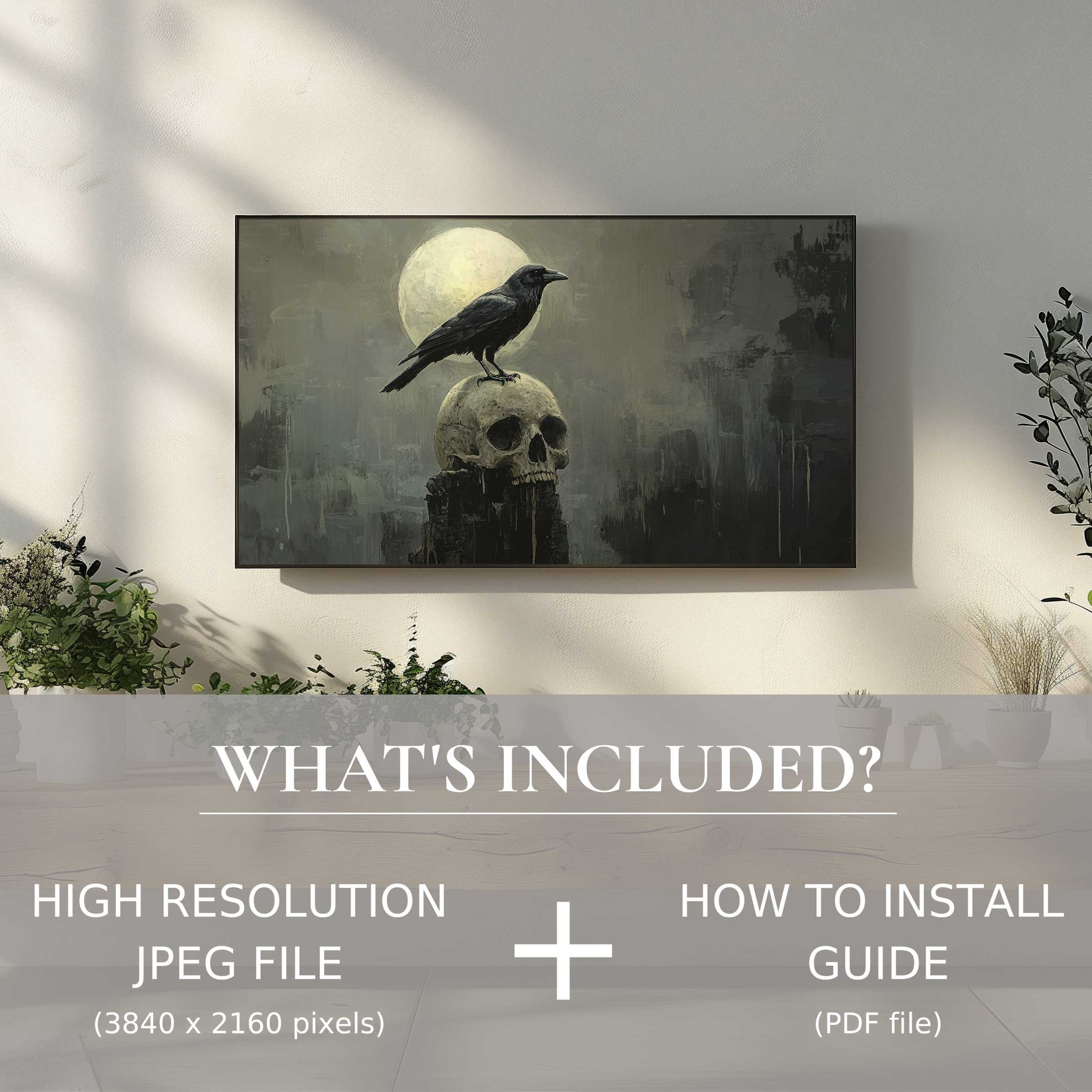 Elegant Halloween digital TV art download featuring moonlit crow on skull, effortlessly enhancing your chic living space
