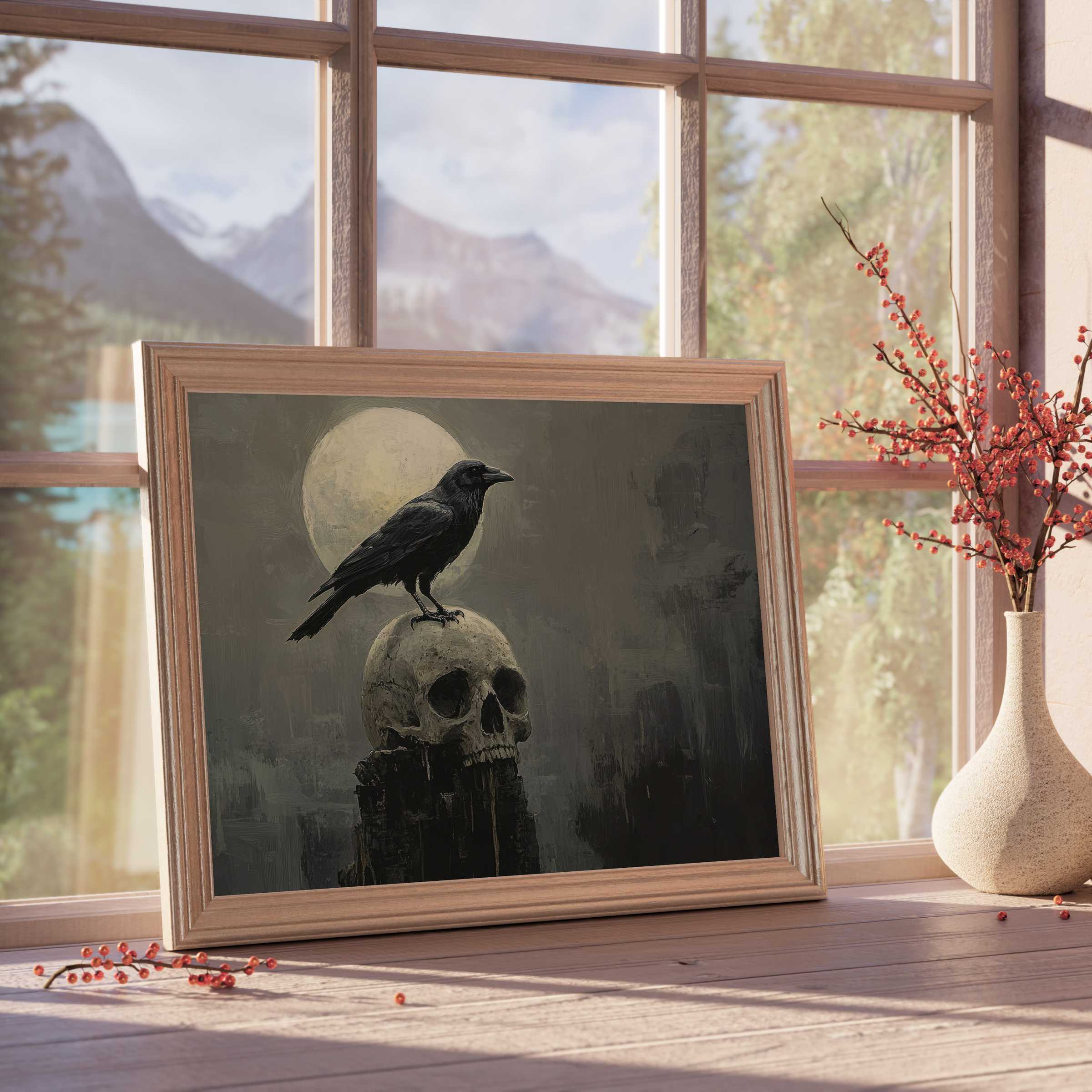 Halloween downloadable art featuring a sleek raven on a skull under a glowing moon, elevating curated, moody interiors