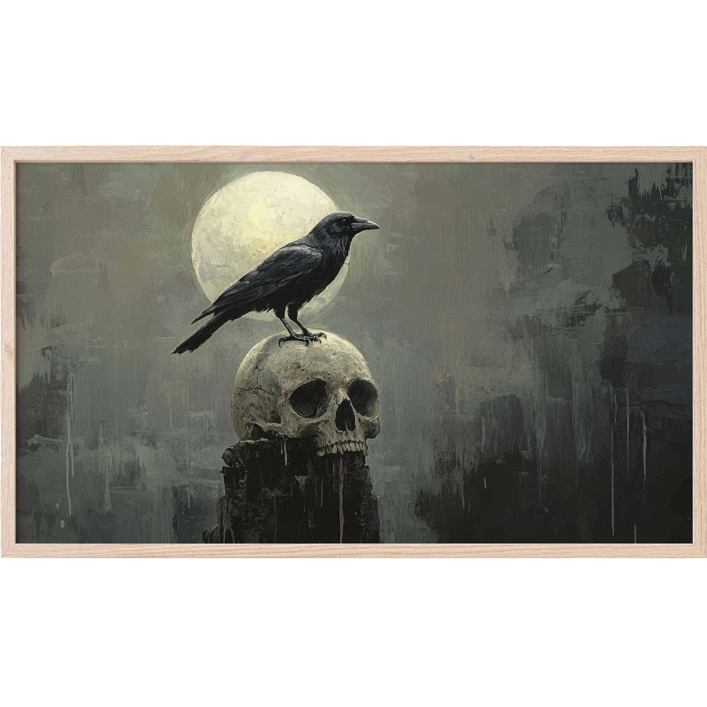 Halloween Frame TV Art with a dark, moody palette featuring a raven perched on a skull against a glowing full moon