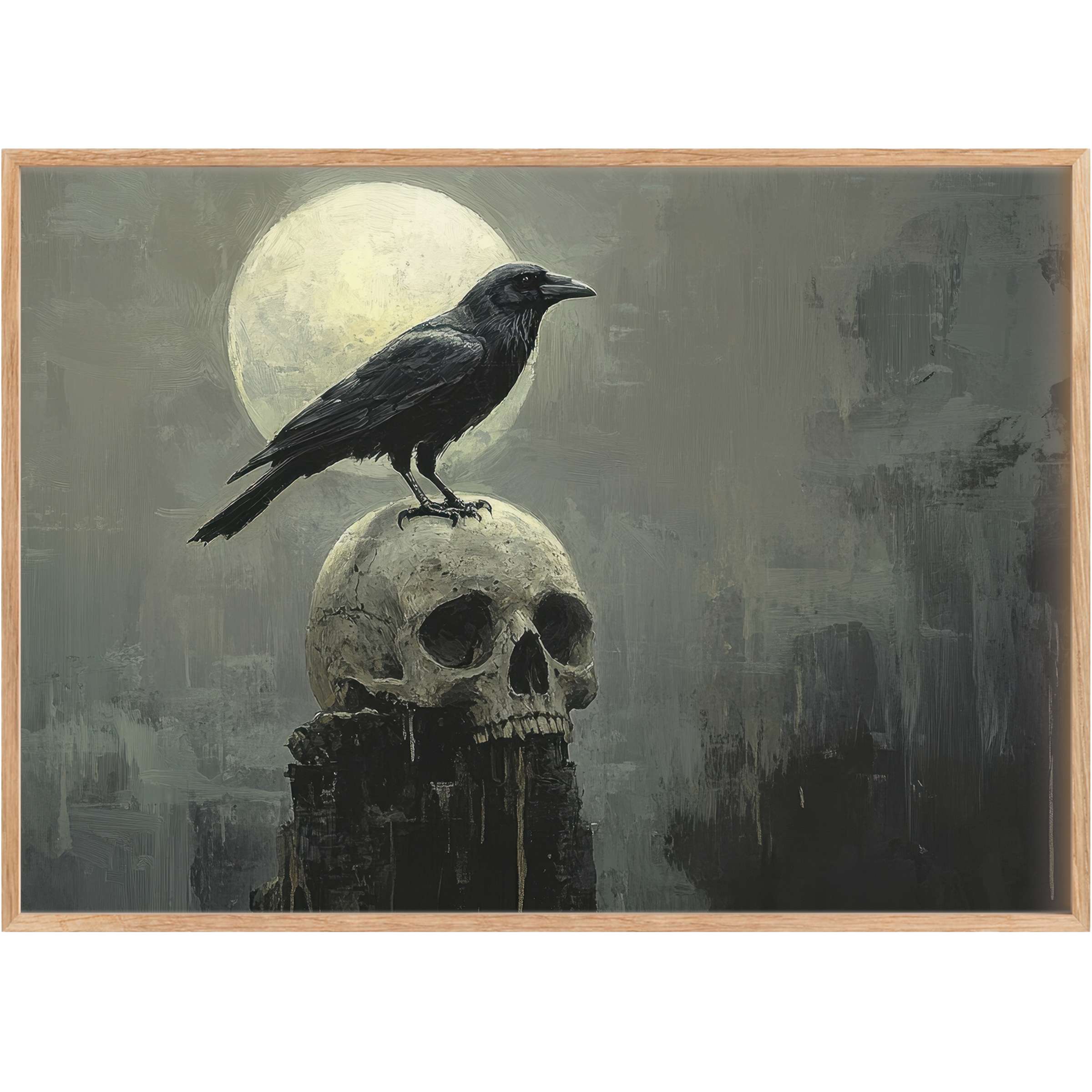 Hauntingly elegant halloween printable wall art featuring a raven atop a skull under a luminous full moon, evoking a mysterious, brooding atmosphere