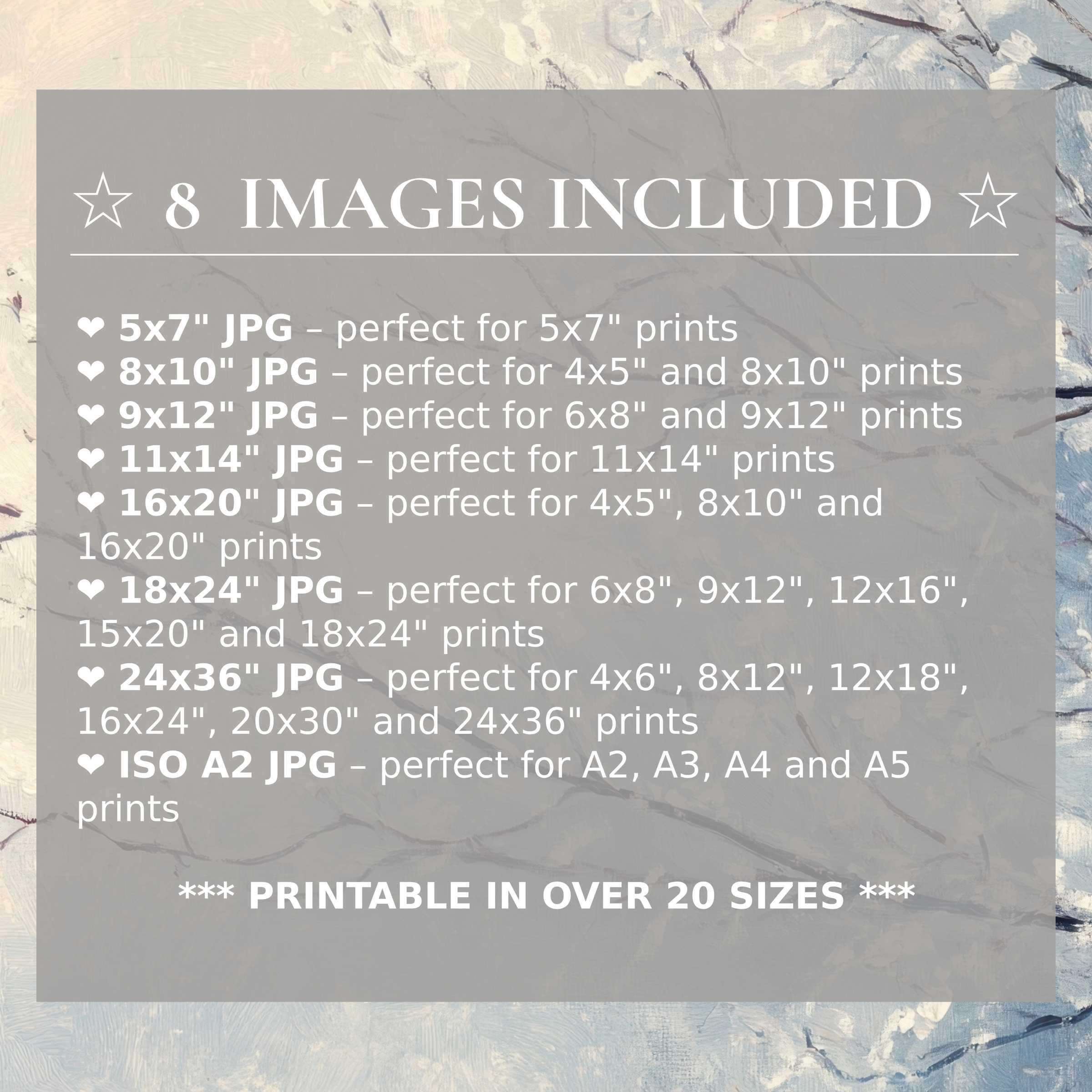 Print size guide showing 8 included JPG formats for versatile wall art printing – perfect for framing in popular sizes from 5x7 to 24x36 and A2