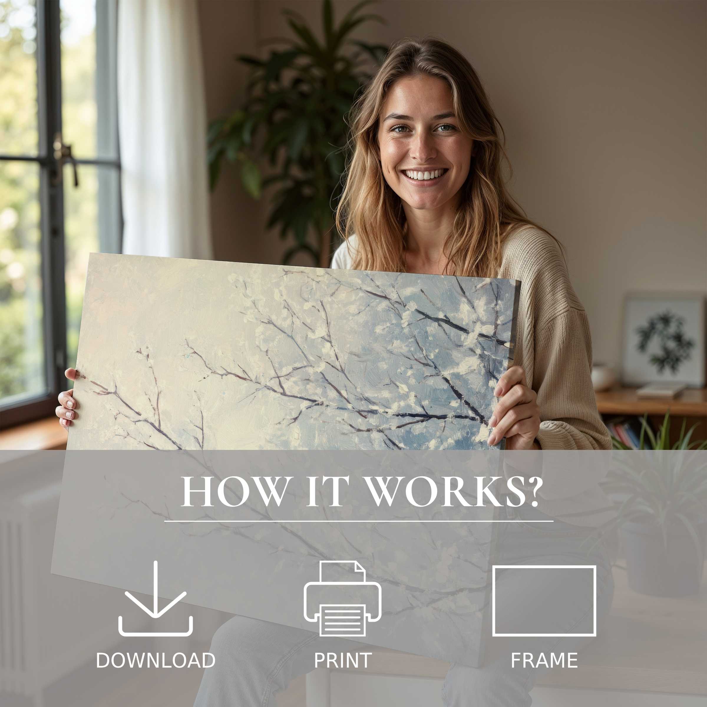 Radiant joy in a modern home as she unveils a tree digital art print-effortless elegance, serene natural beauty framed