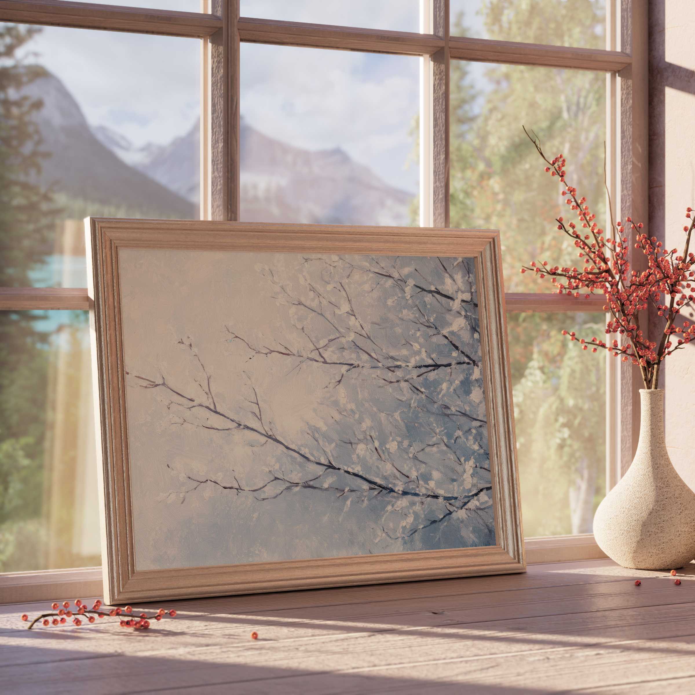 Serene tree downloadable art with delicate blossoms, enhancing tranquil, curated interiors with refined nature-inspired elegance