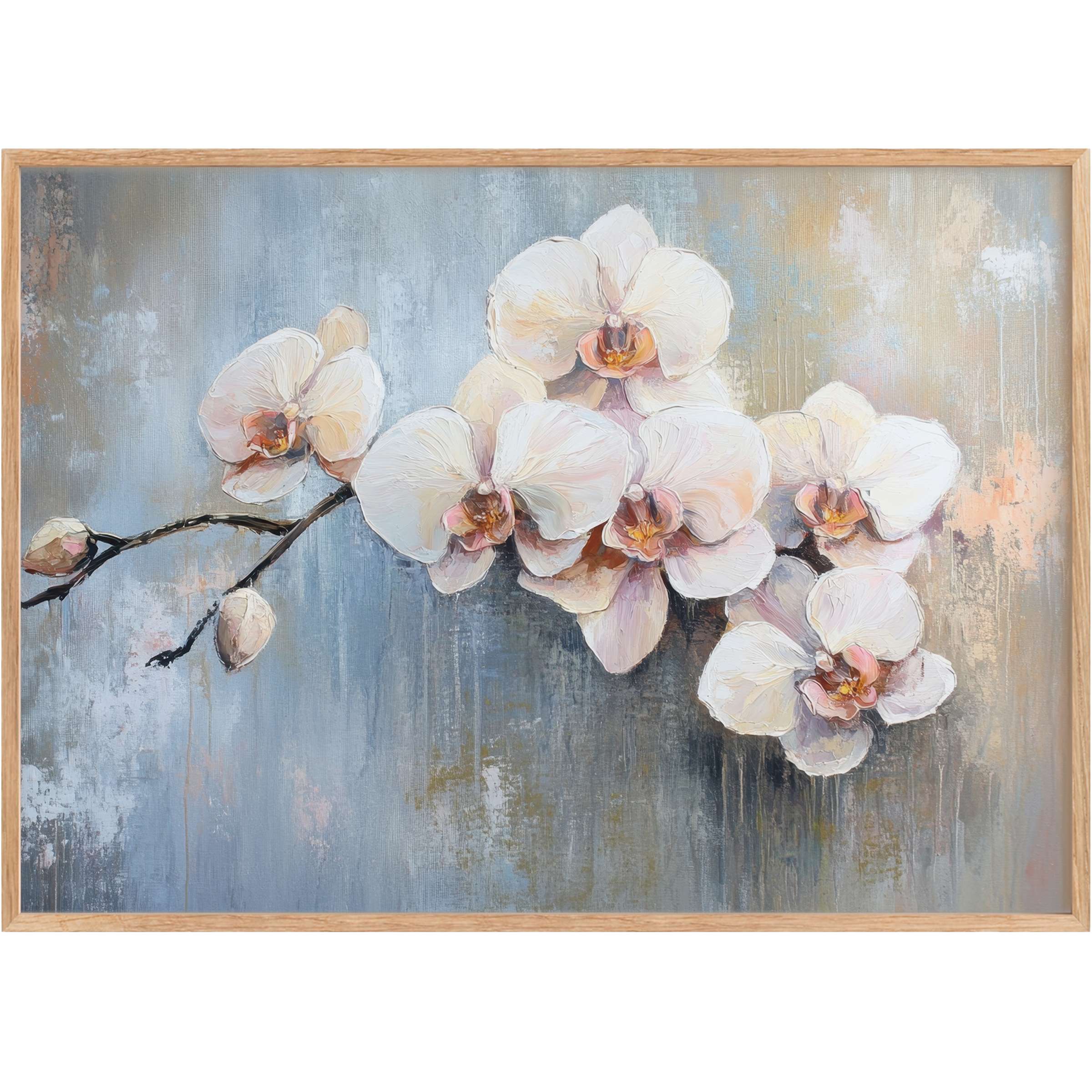 Elegant botanical printable wall art featuring creamy white orchids on misty blue and soft peach for a serene, refined ambiance