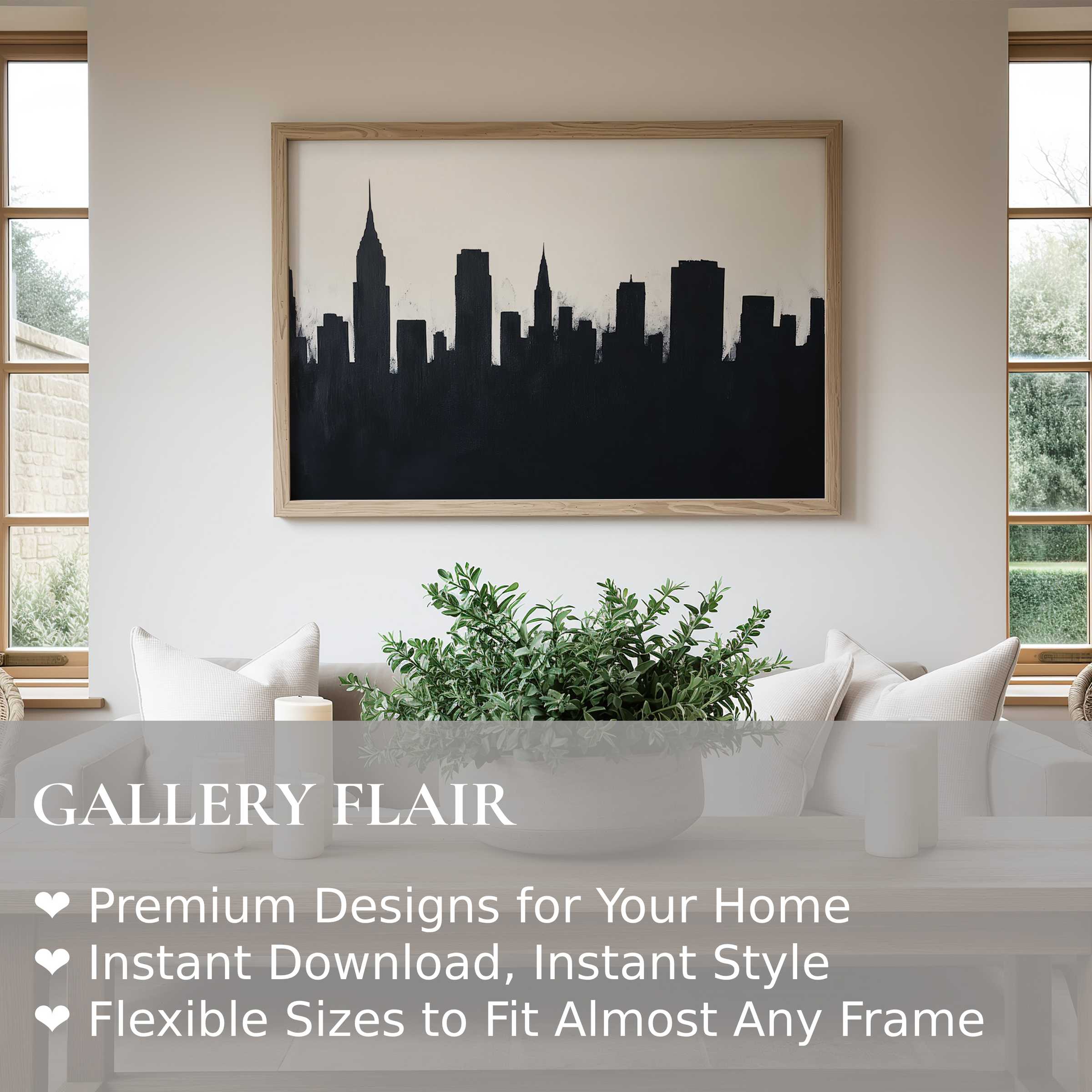 Black and white wall art print of a bold city skyline enhances this serene, modern minimalist living room with striking urban elegance