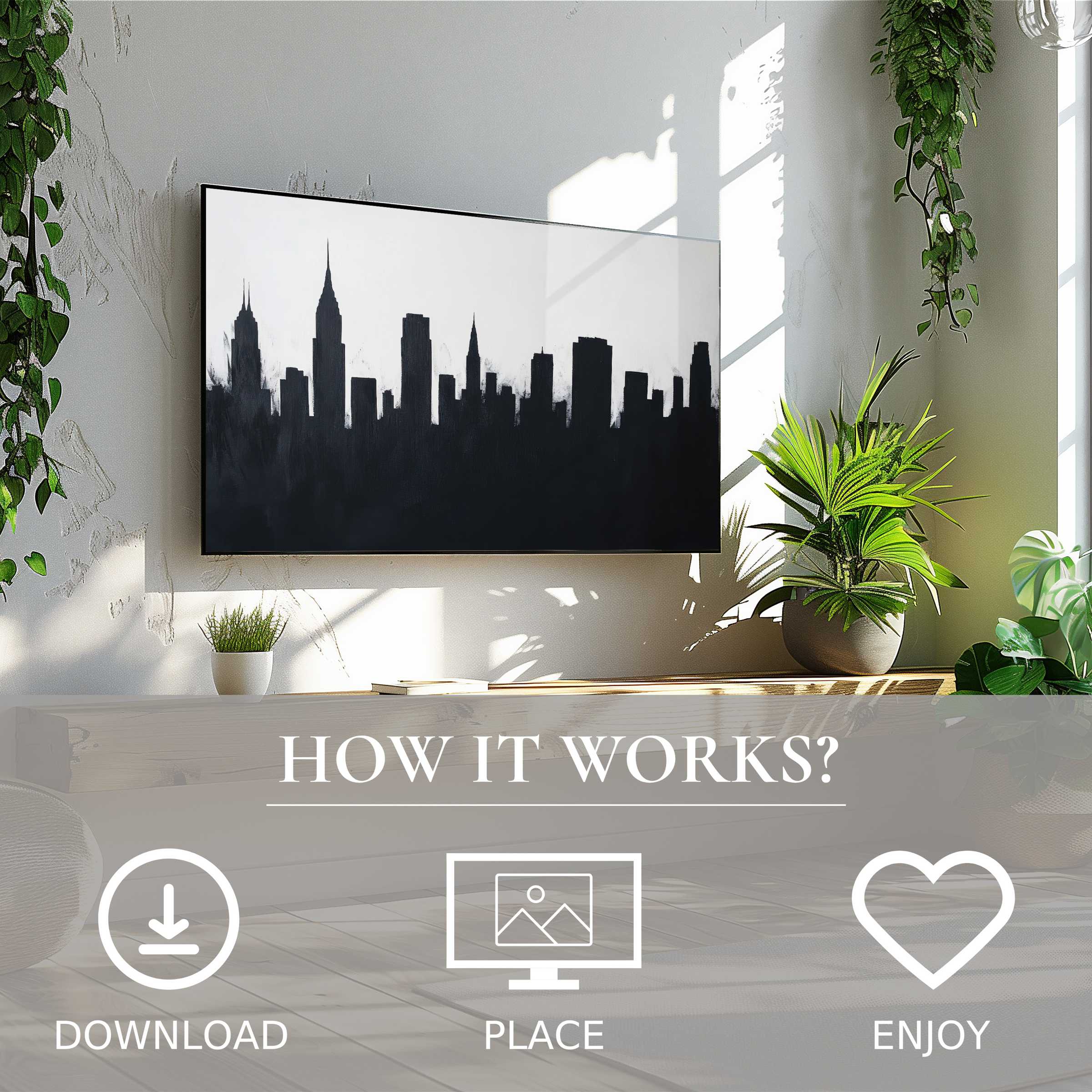 Black and white art for Samsung TV showing an abstract city skyline; easy digital download enriches spaces