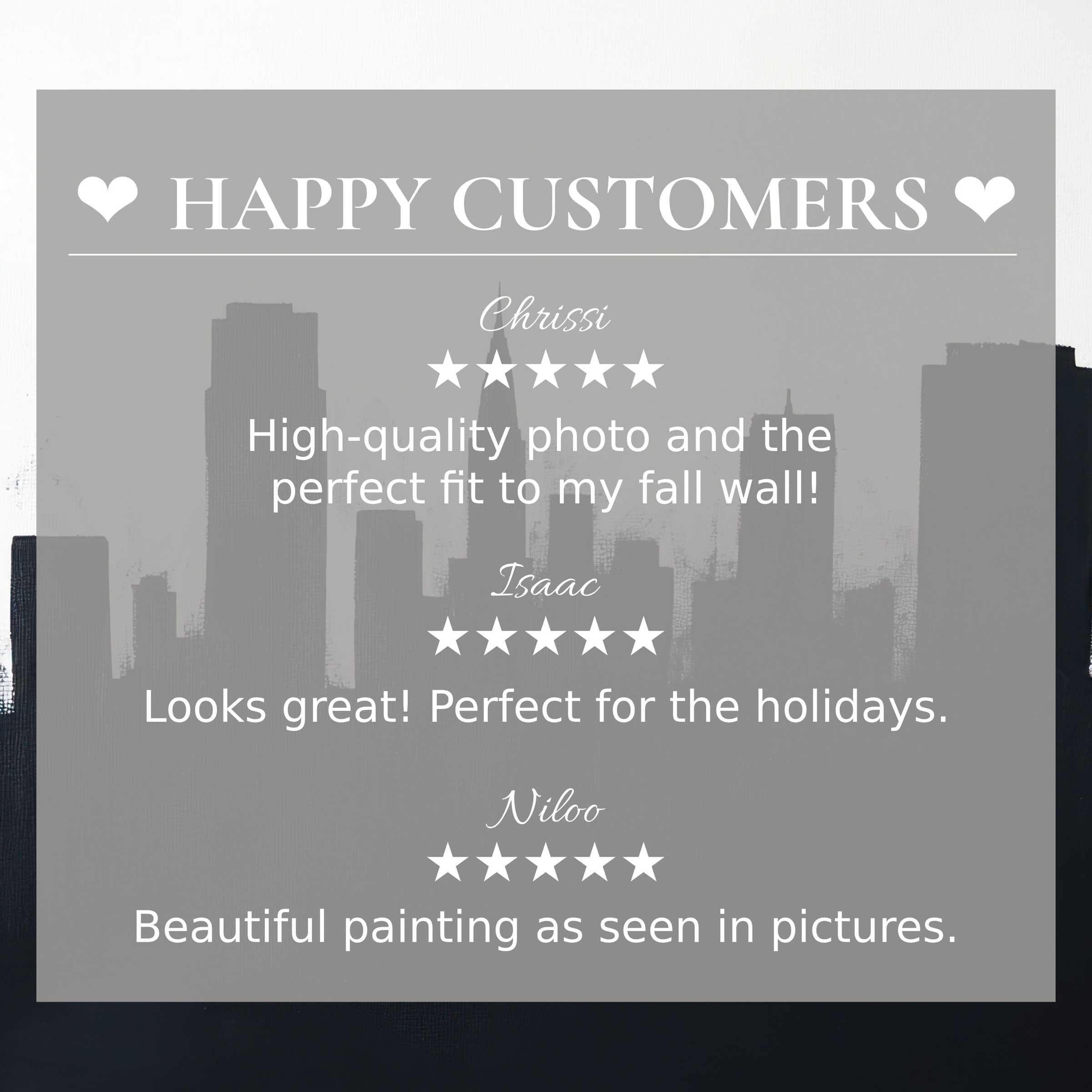 Elegant cityscape backdrop with black and white art for Frame TV; layout inspires trust with happy customer reviews