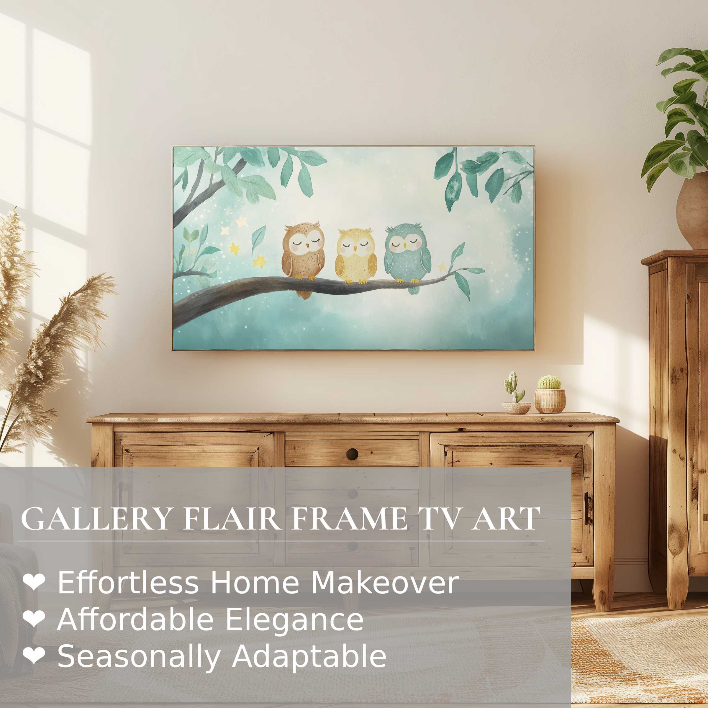 Elegant nursery digital artwork of owls on branch on Samsung Frame TV in warm, modern home decor setting
