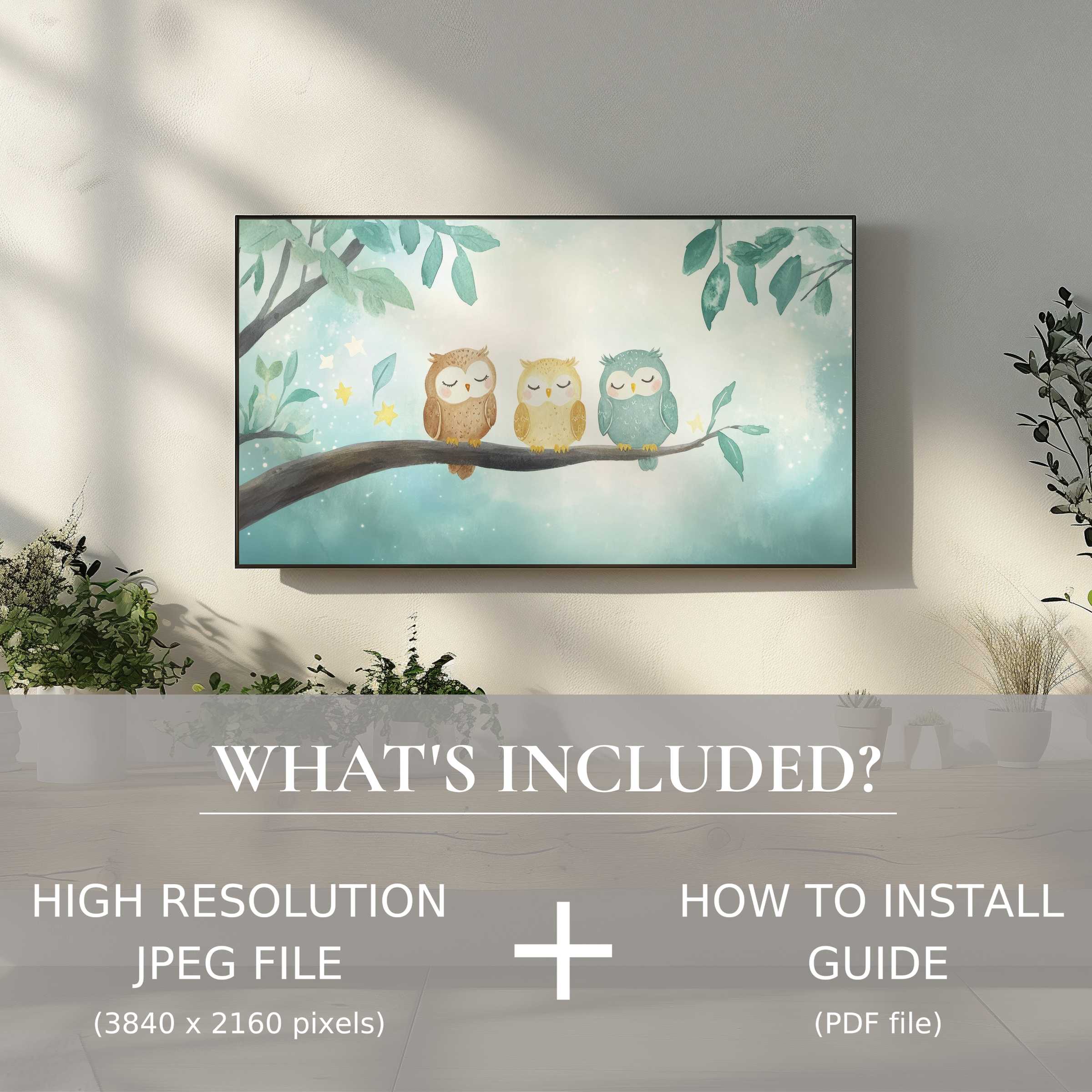 Elegant nursery digital TV art download featuring soft owl watercolor, easy digital use enhances cozy living spaces