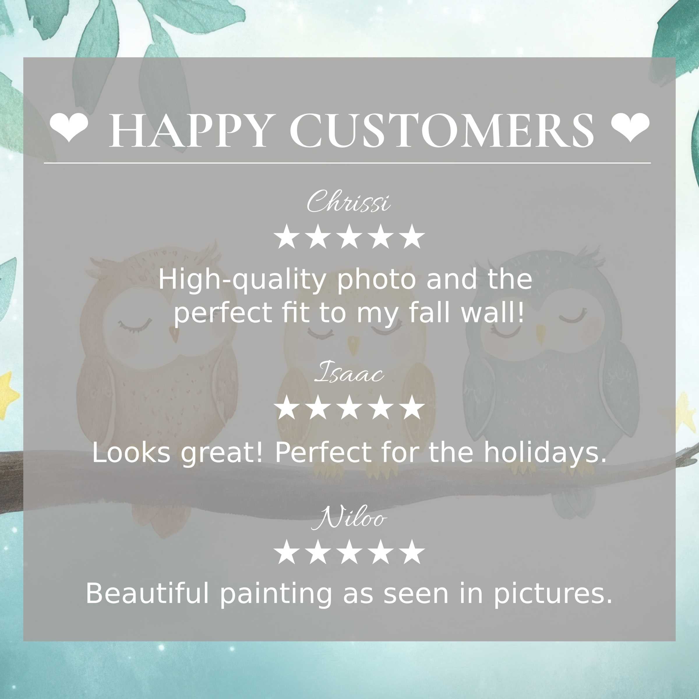 Nursery art for Frame TV with soft owls on blue-green background; happy customer reviews build trust and showcase elegance