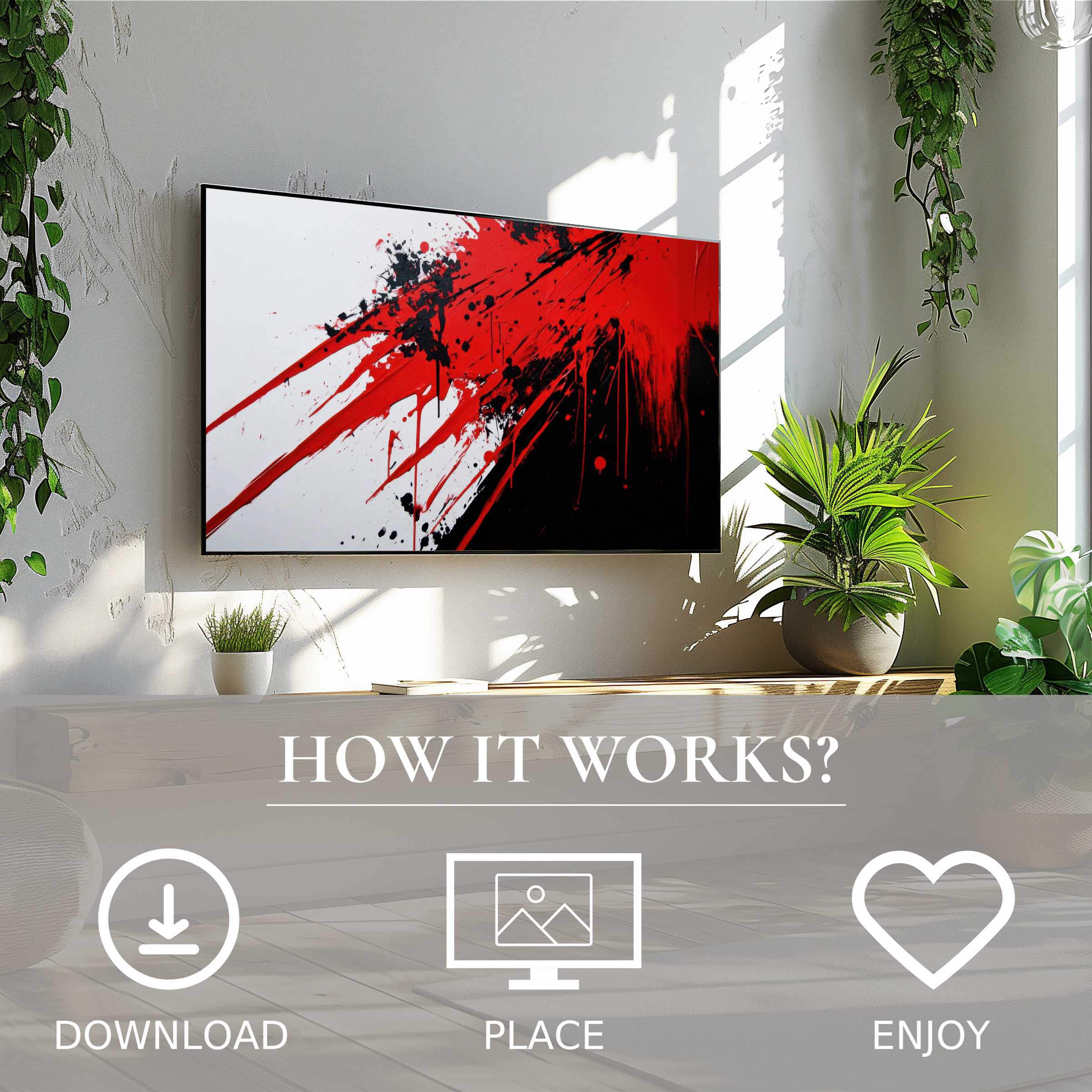 Modern art for Samsung TV with bold red and black splashes, easy digital download enriching your stylish living space