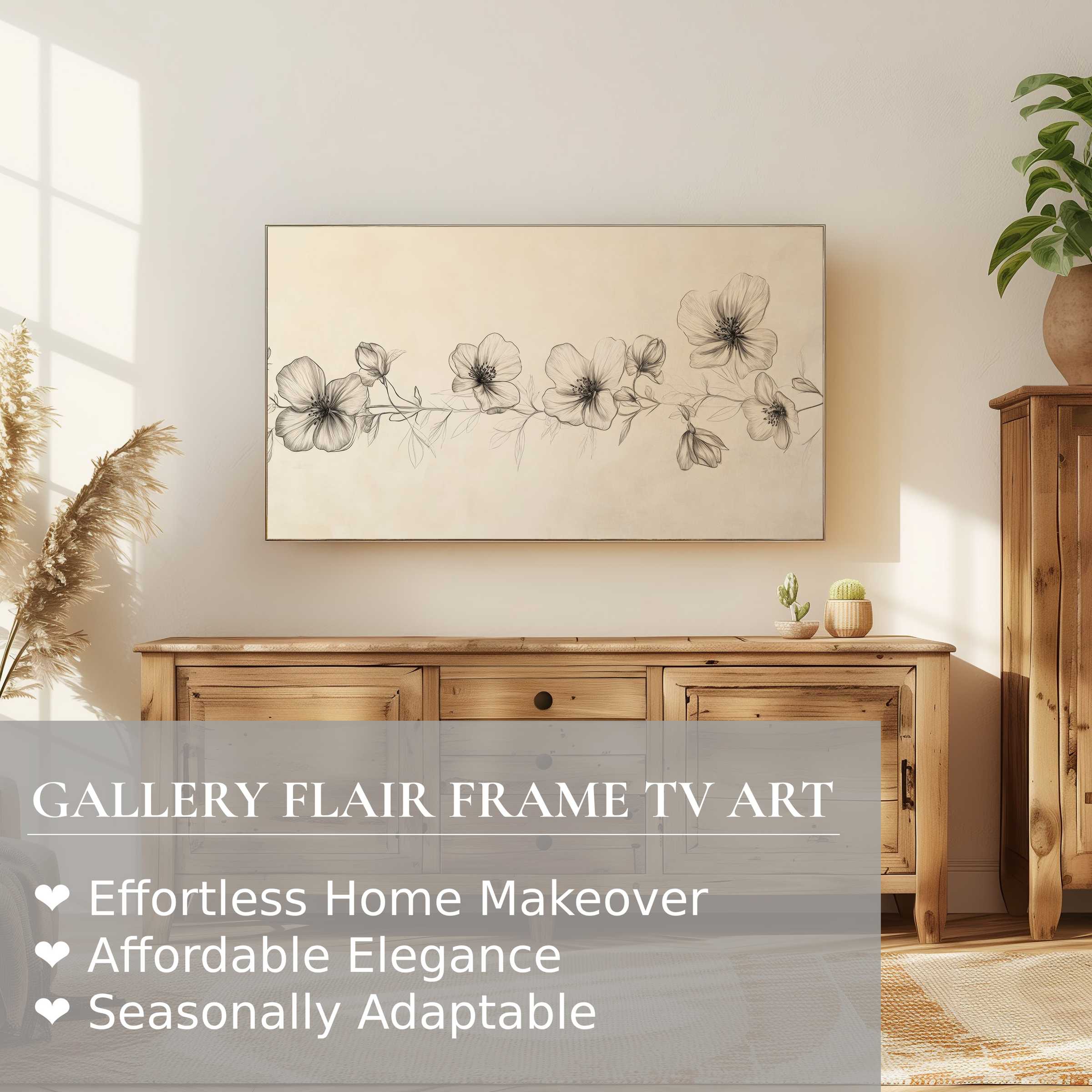 Samsung Frame TV showcasing refined floral digital artwork in a sunlit, modern natural wood setting