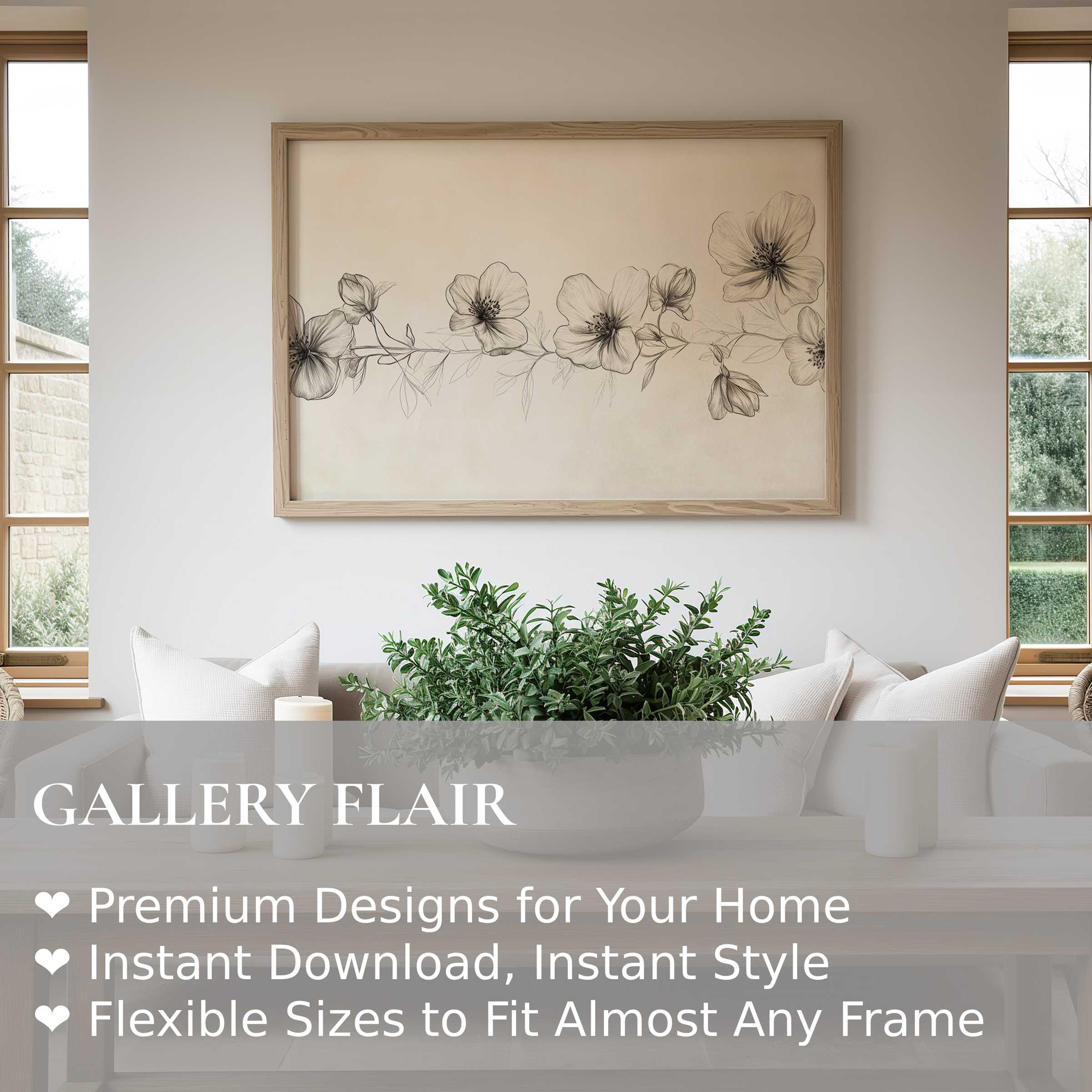Delicate floral wall art print with soft, monochrome blossoms enhances this serene, modern farmhouse living space