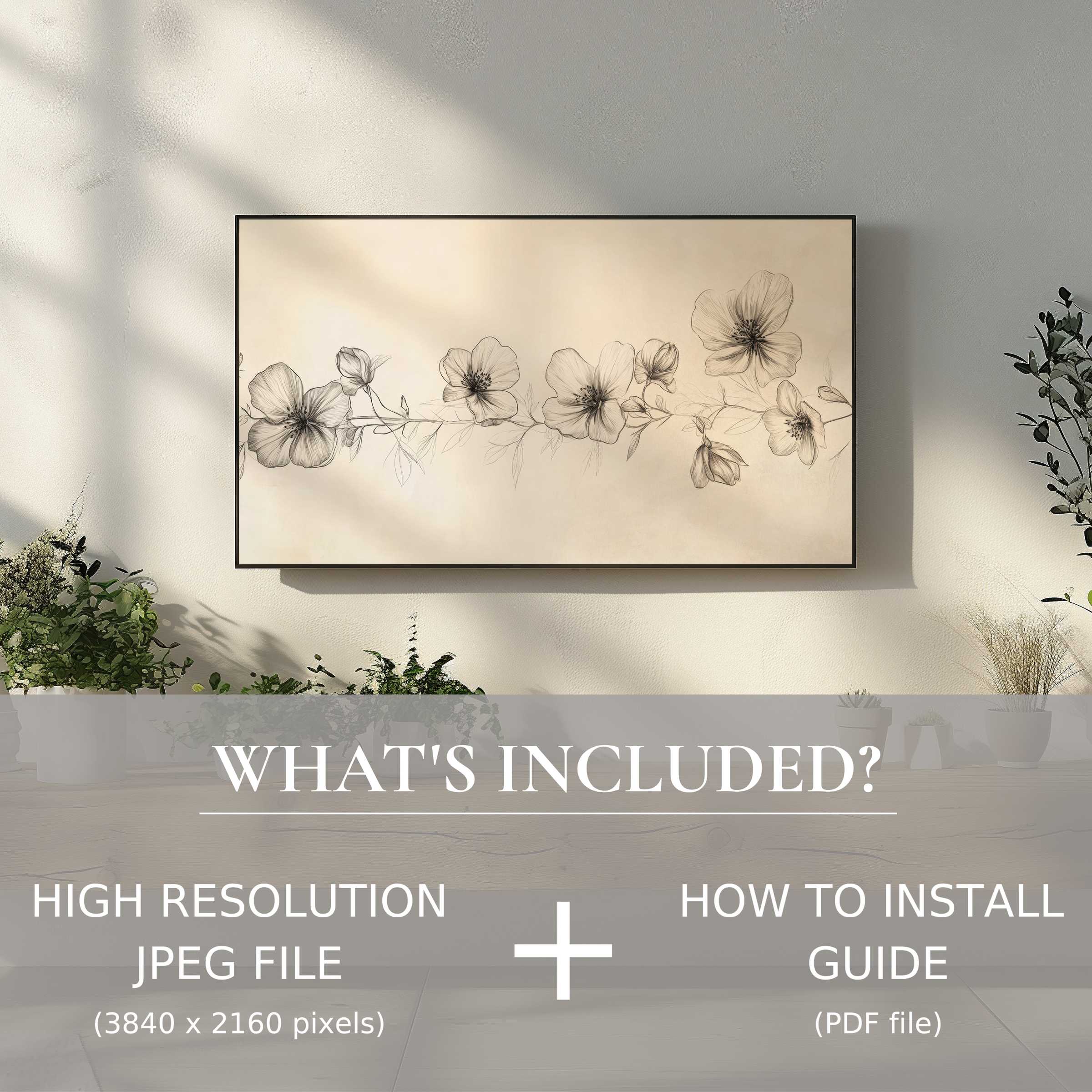 Elegant living room with floral digital TV art download, easy to use, enhancing space with delicate botanical beauty