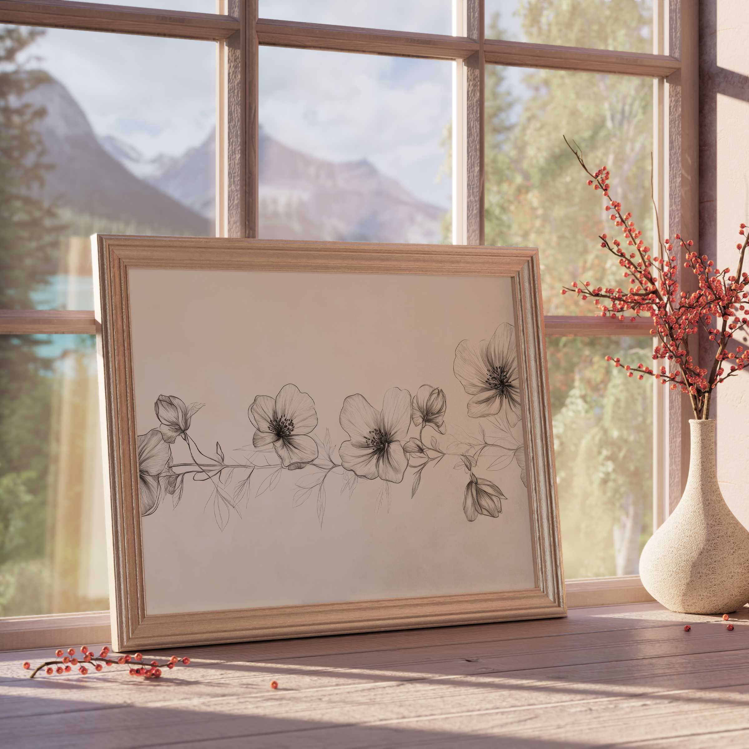 Delicate floral downloadable art with elegant black line blooms, enriching serene, design-forward interiors with timeless grace