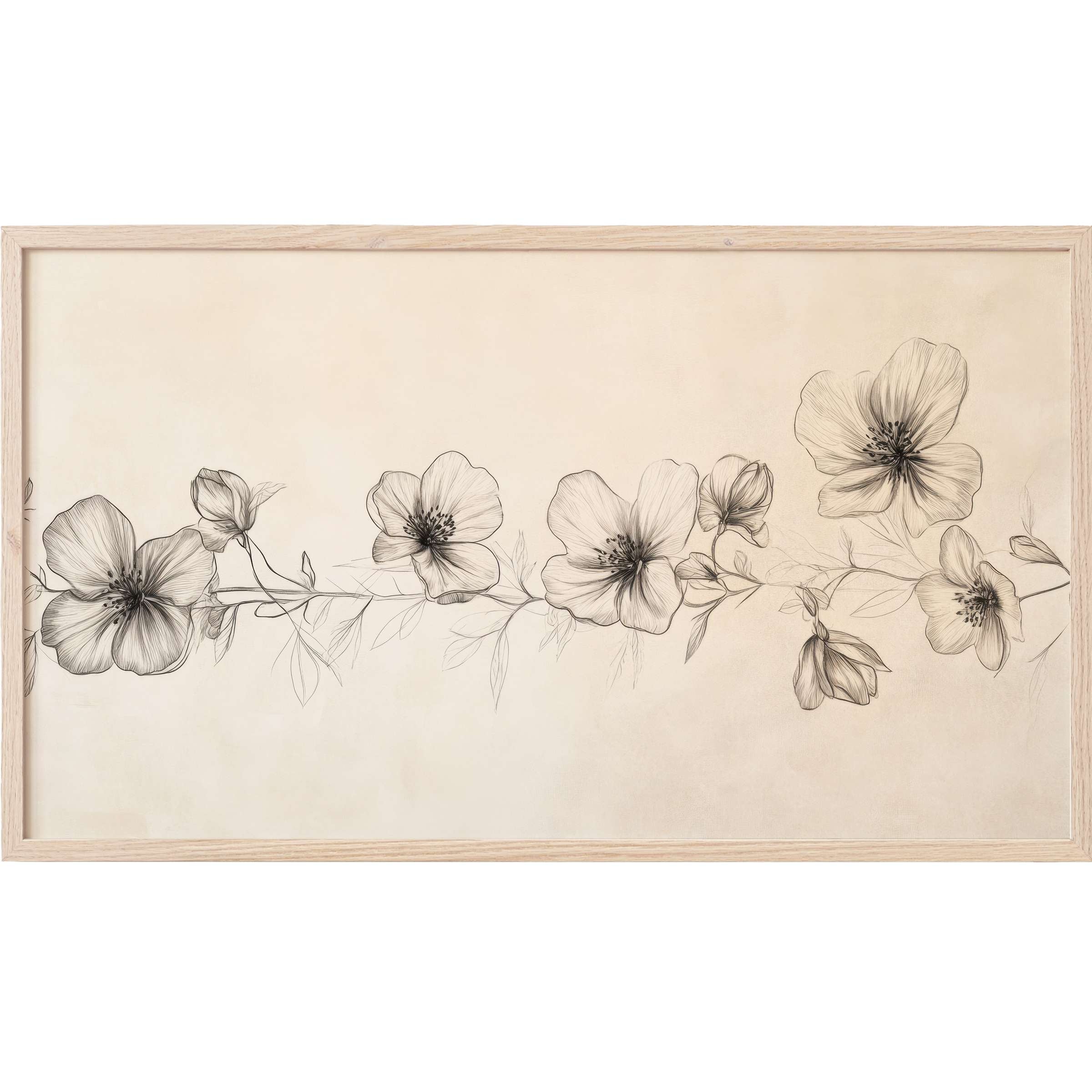 Floral Frame TV Art with delicate black linework flowers on a soft beige background, framed in light wood