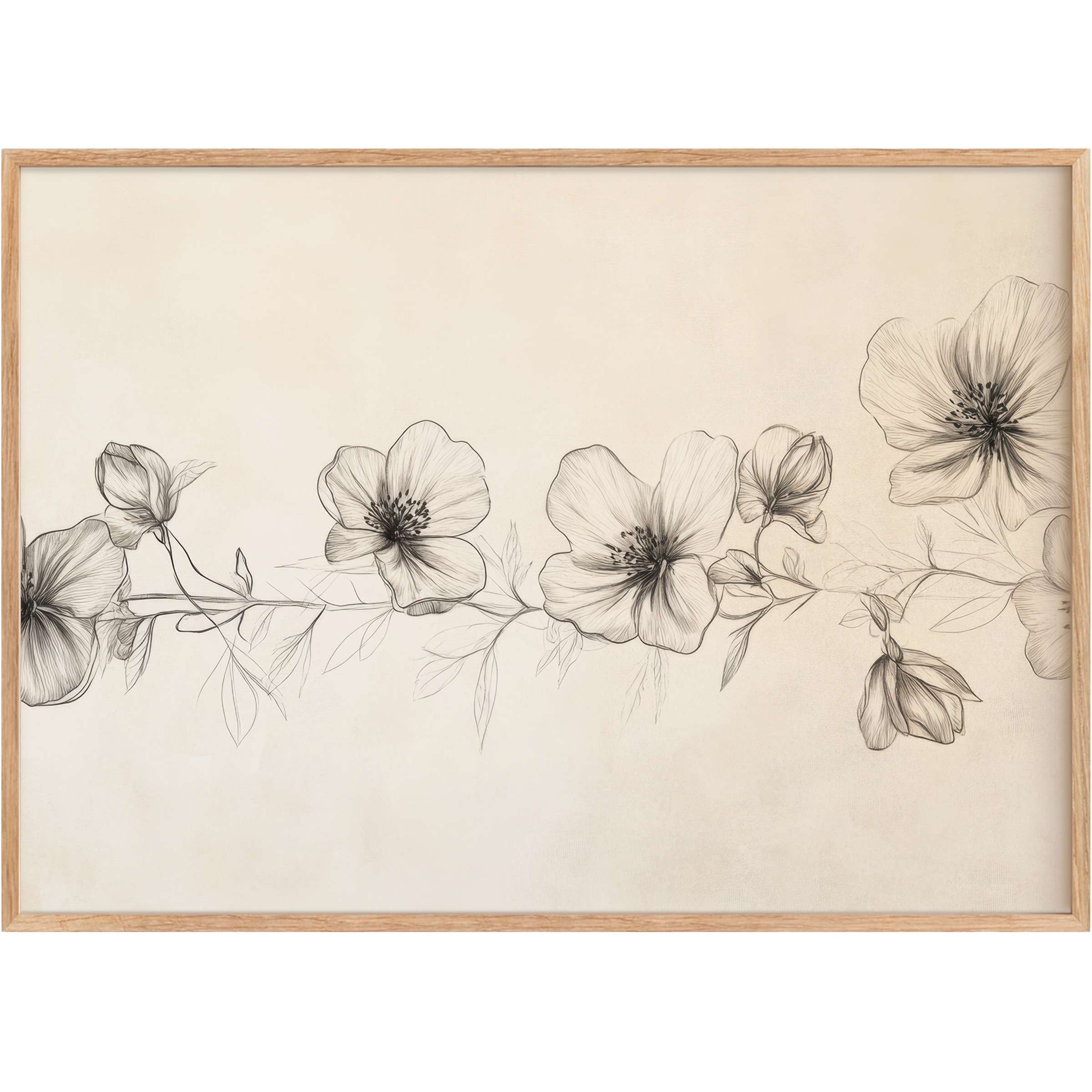 Elegant floral printable wall art featuring delicate black and white blossoms on a soft beige backdrop, evoking a serene, refined ambiance