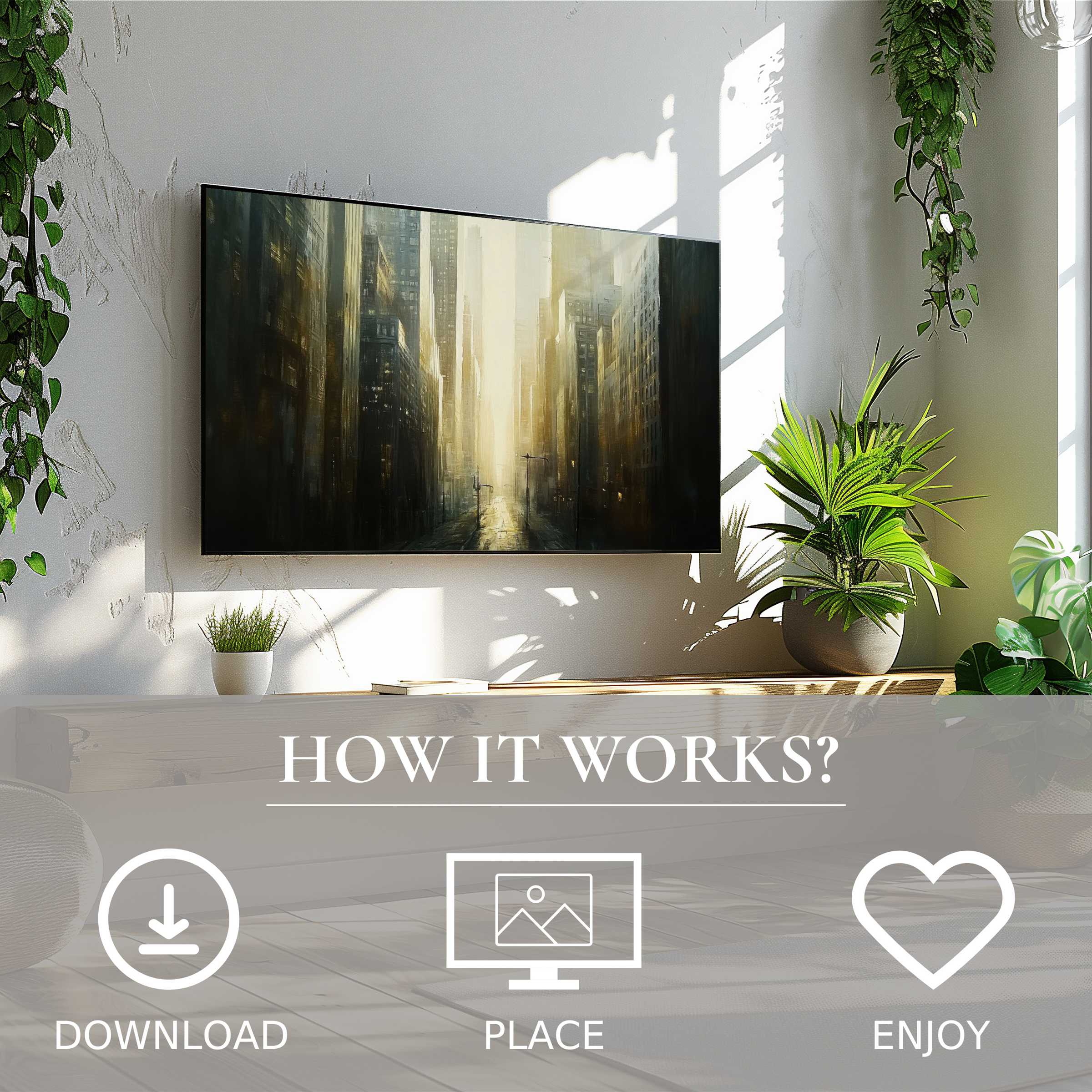 Urban art for Samsung TV in a bright room, easy digital download showcasing moody cityscape light flow, enriching décor