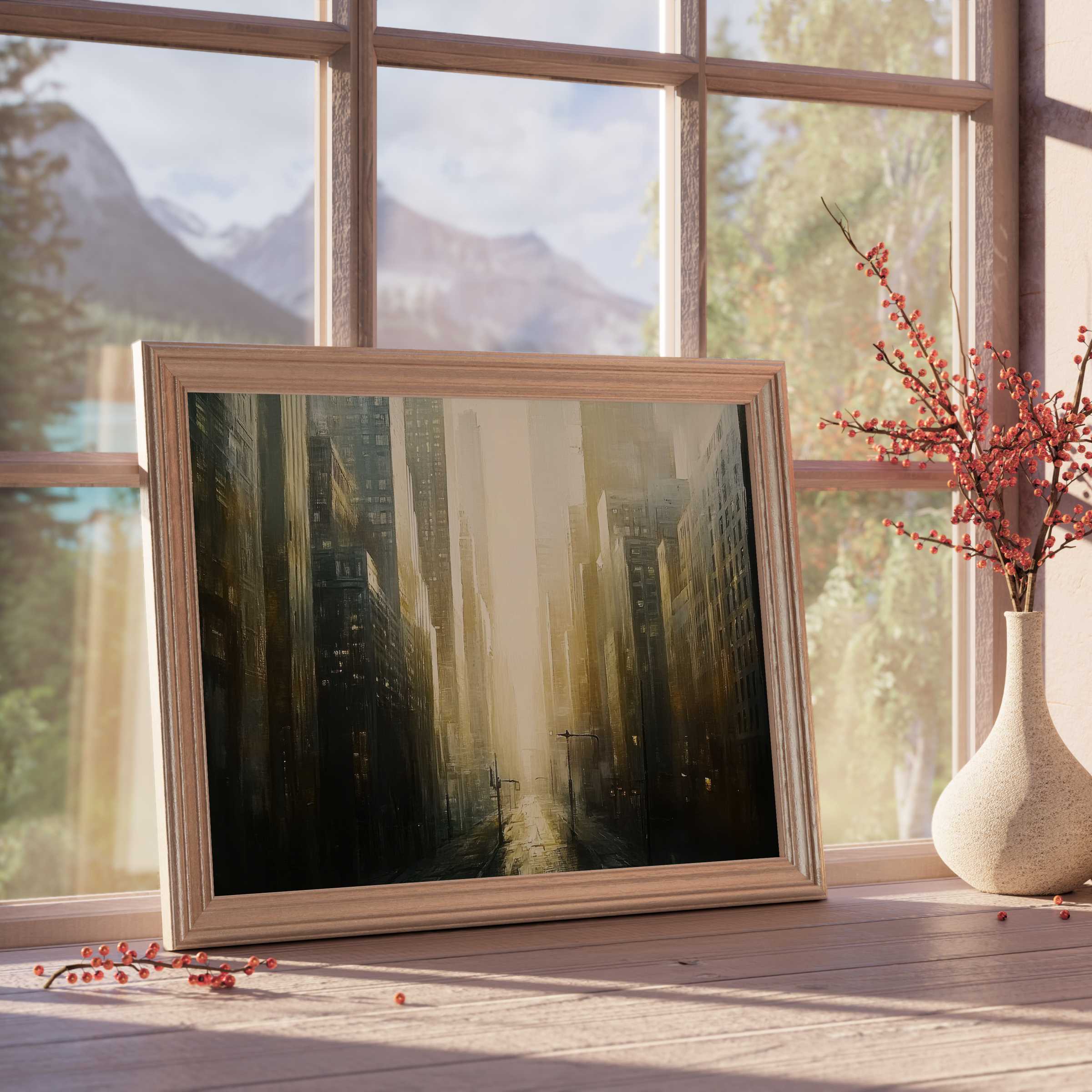 Urban downloadable art capturing moody city light and shadow, perfect for elevating curated, tranquil interiors with timeless elegance