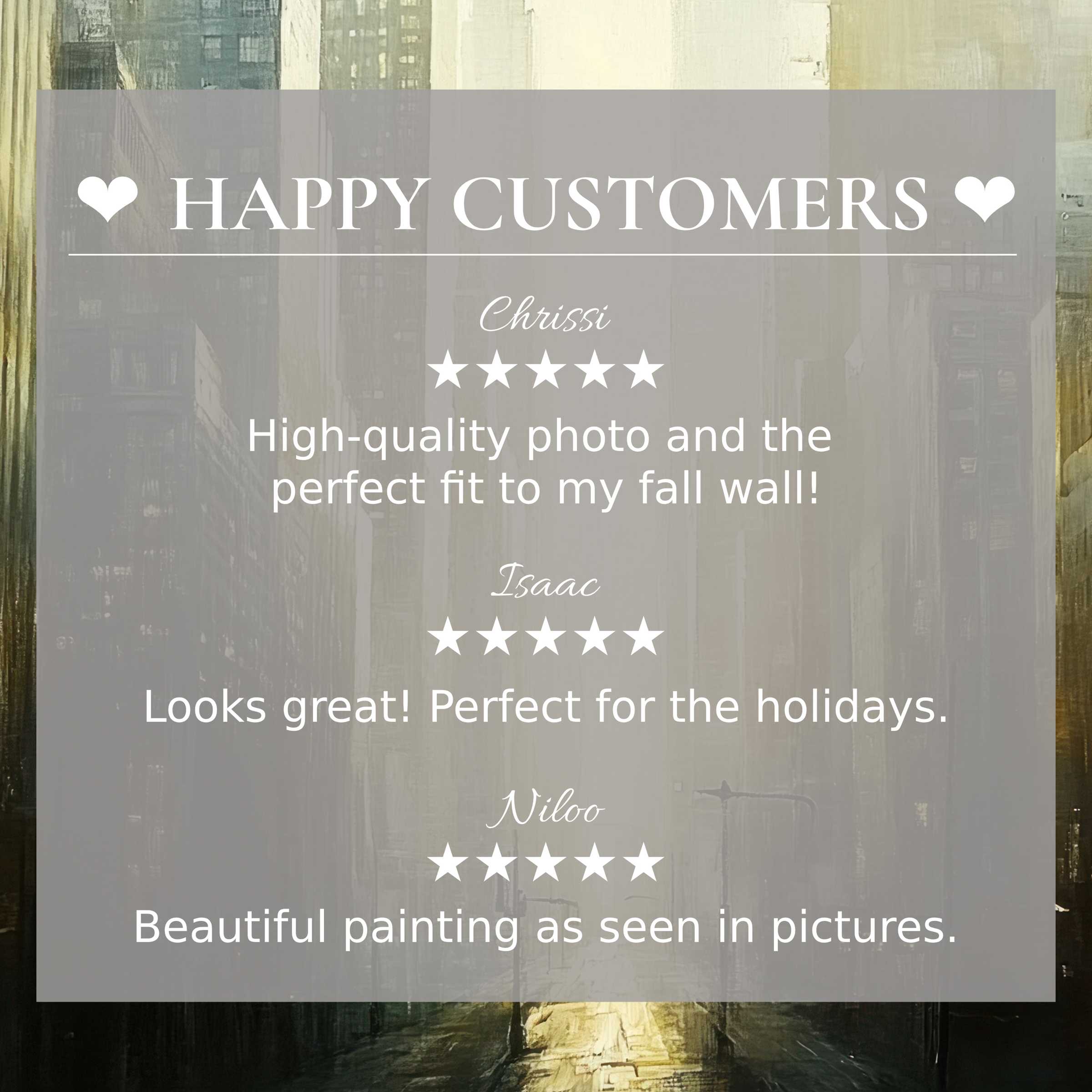 Urban art for Frame TV with abstract sunset hues, showcasing happy customer reviews that inspire trust and elegance