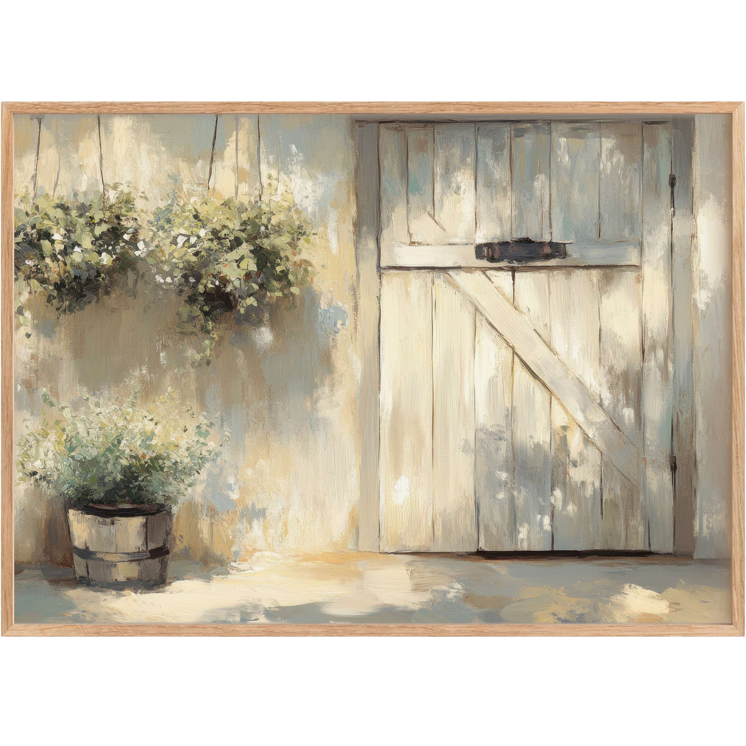 Softly sunlit farmhouse printable wall art with rustic door and lush greenery, evoking serene, timeless charm