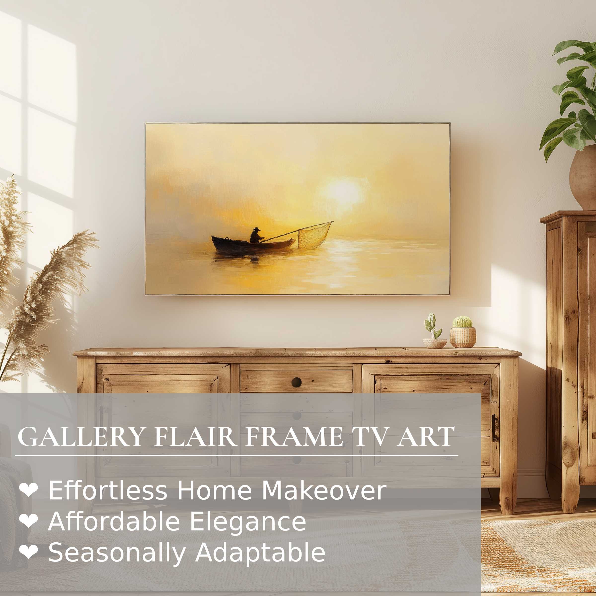 Samsung Frame TV displaying coastal digital artwork of a serene fisherman at sunset in a modern, natural setting
