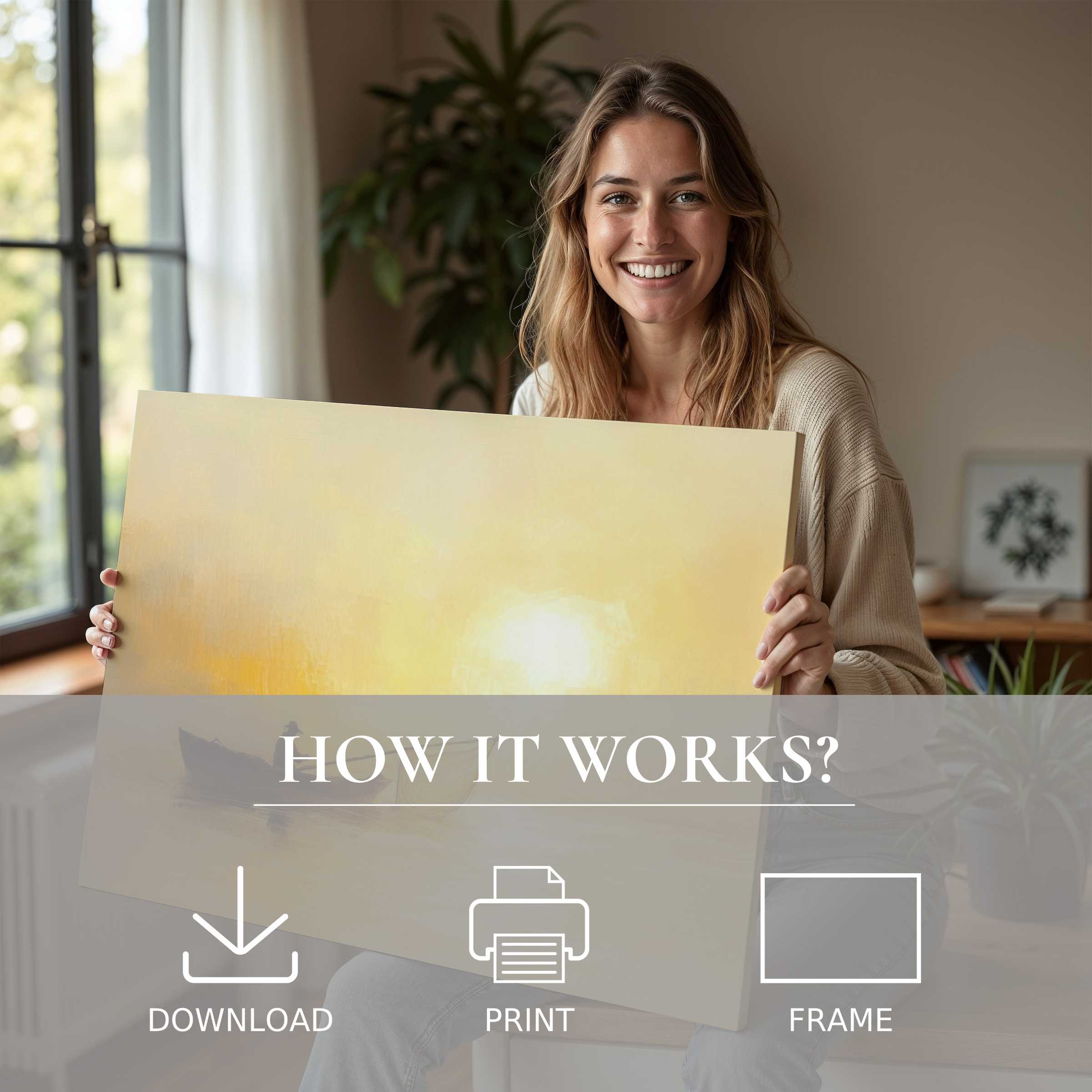 Sunlit coastal digital art print embraced in a modern home, evoking serene joy and effortless style in living with art