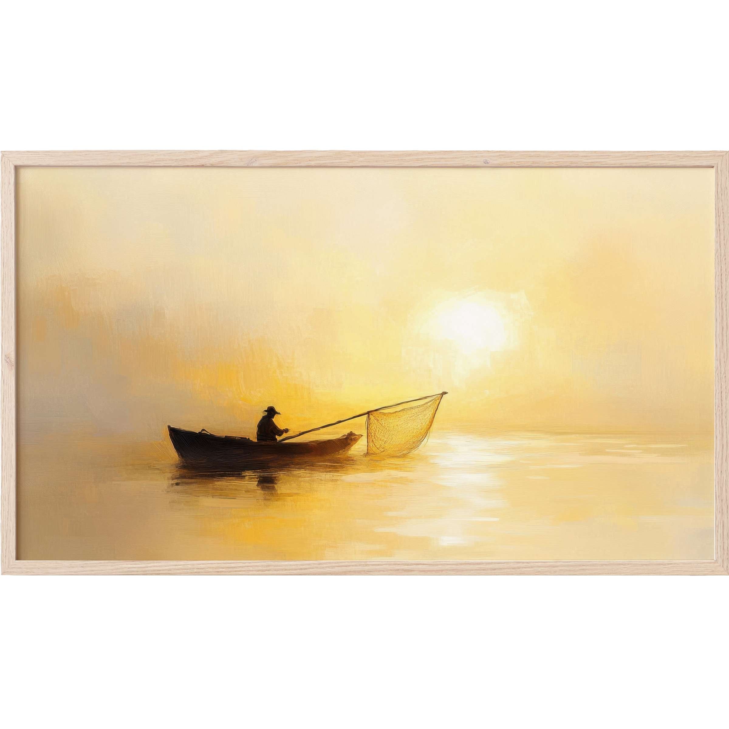 Serene fisherman in silhouette on golden waters at sunrise, evoking warmth and calm in coastal Frame TV Art