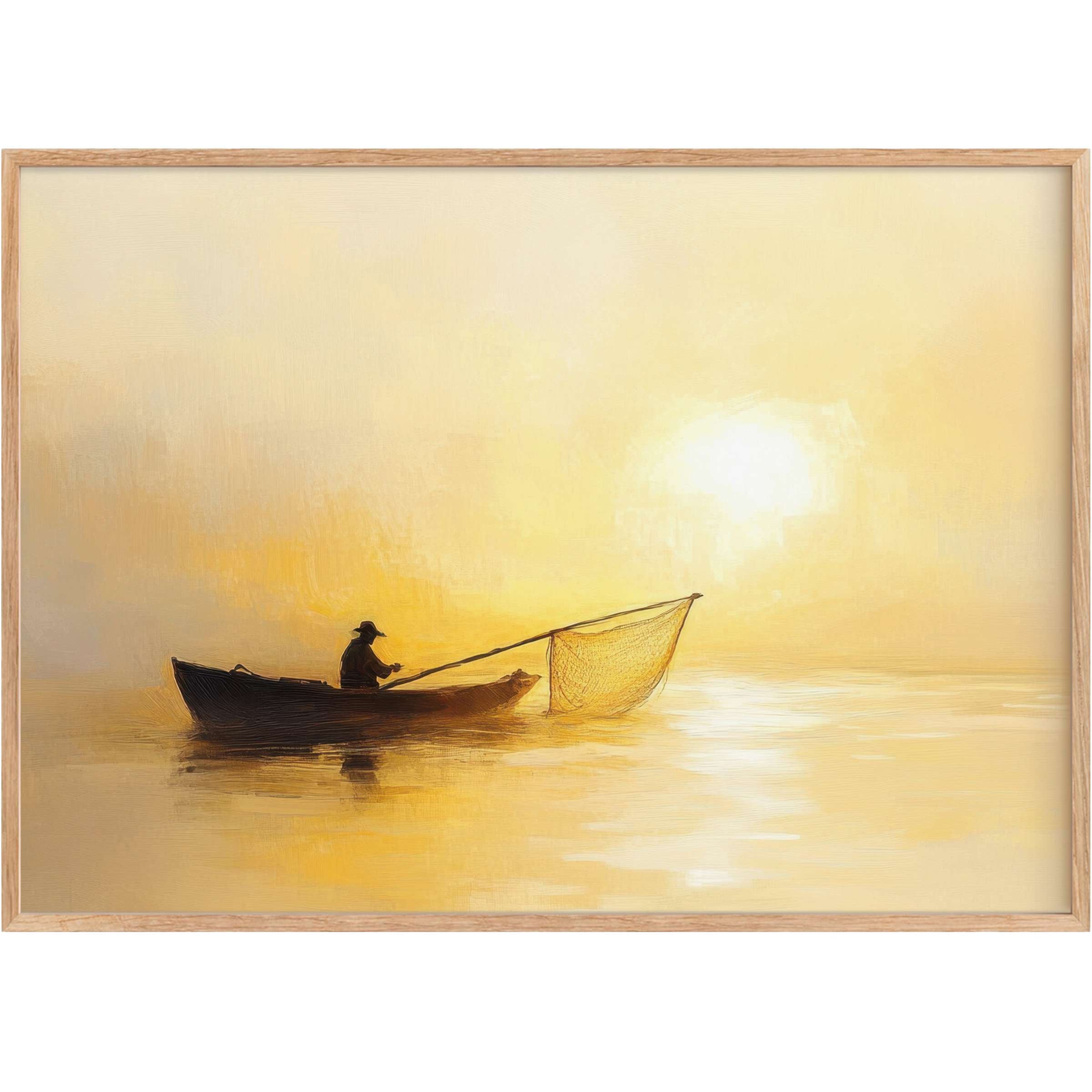 Coastal printable wall art capturing a serene fisherman at dawn, radiant golden hues evoke tranquil, sunlit mornings