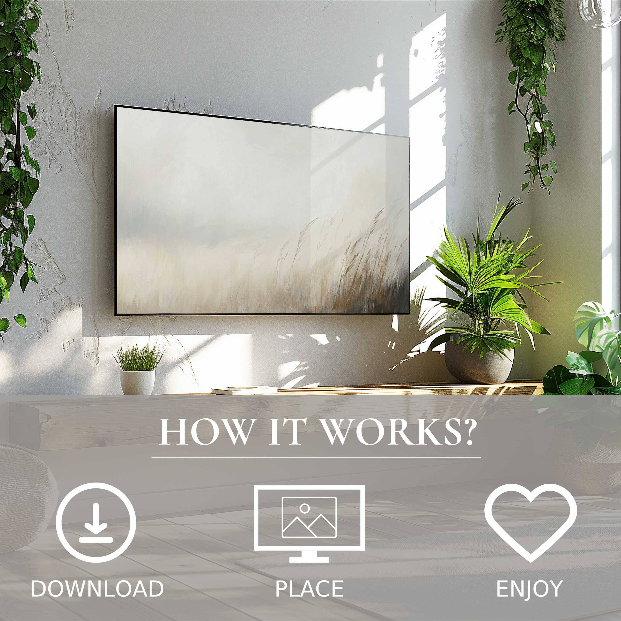 spring art for Samsung TV with soft beige grass motif, easy digital download enriches your modern living space