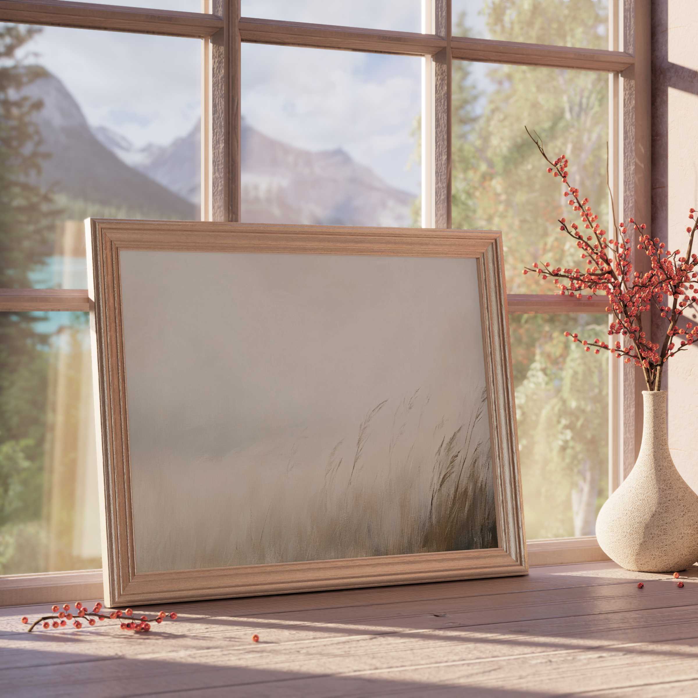 Serene spring downloadable art capturing soft meadow grasses in mist, perfect for elevating tranquil, refined interiors with nature-inspired elegance