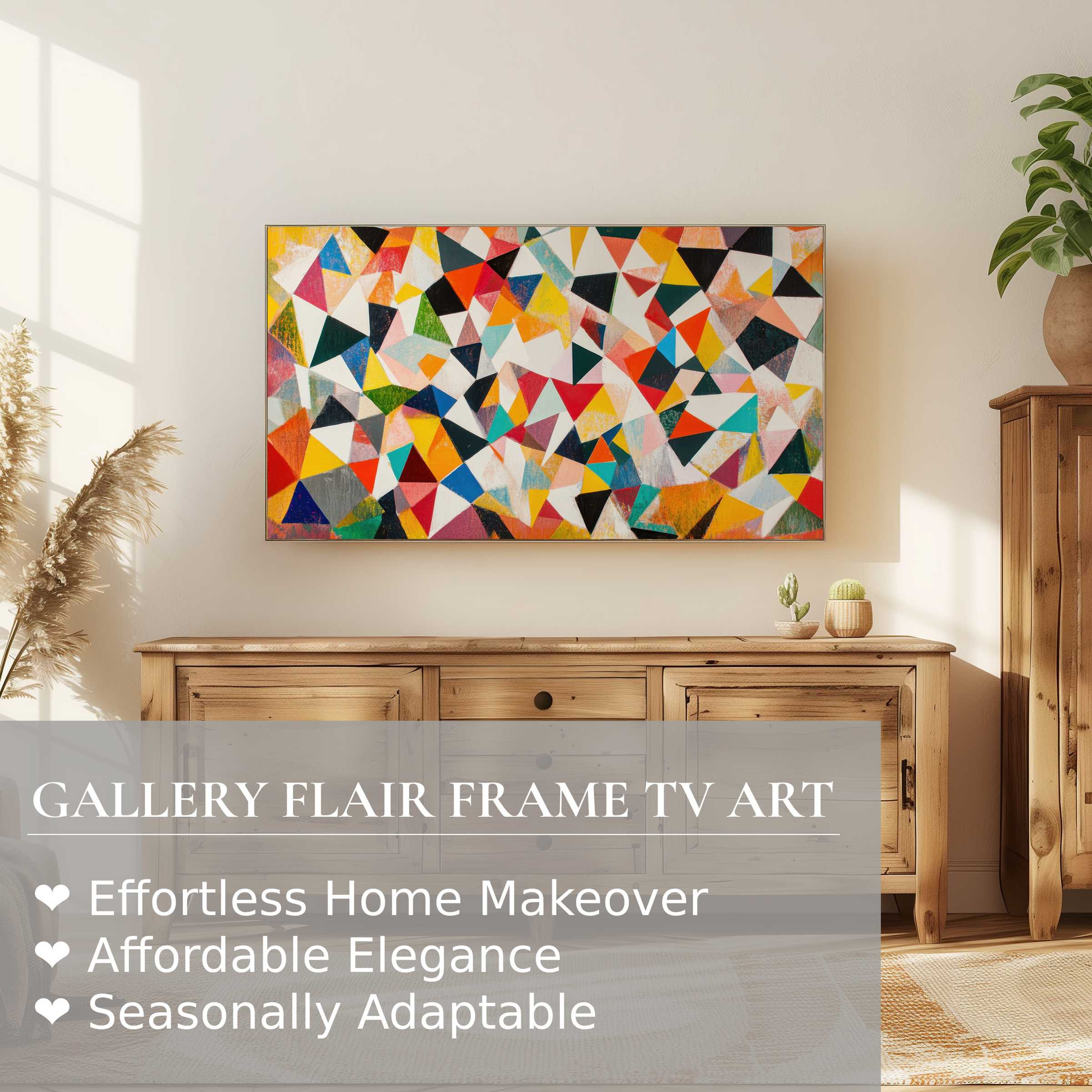 Samsung Frame TV displaying vibrant minimalist digital artwork in a sunlit, elegant living space with warm wood tones