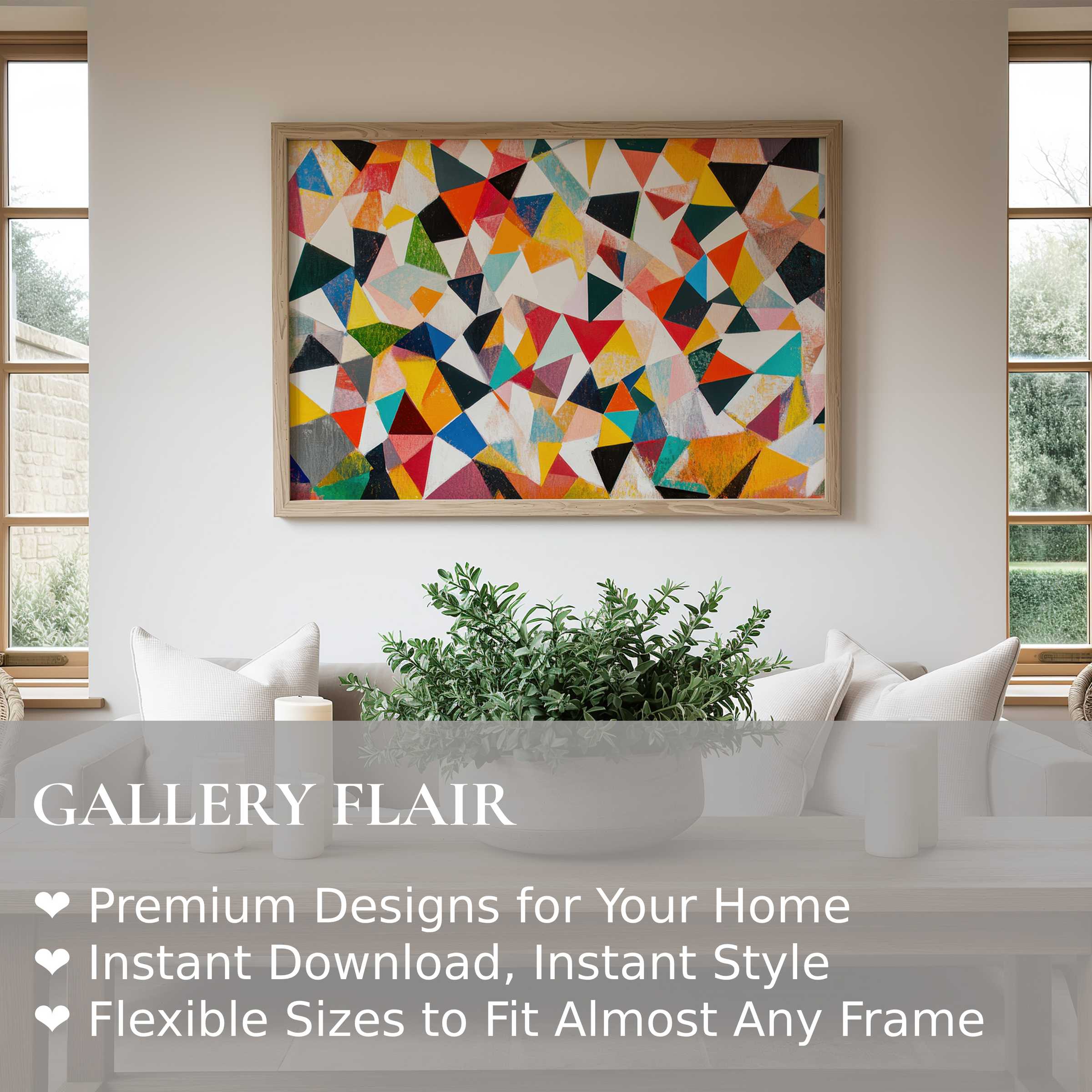 Vibrant minimalist wall art print featuring dynamic geometric shapes in bold hues, enhancing this serene modern living room with radiant contemporary flair