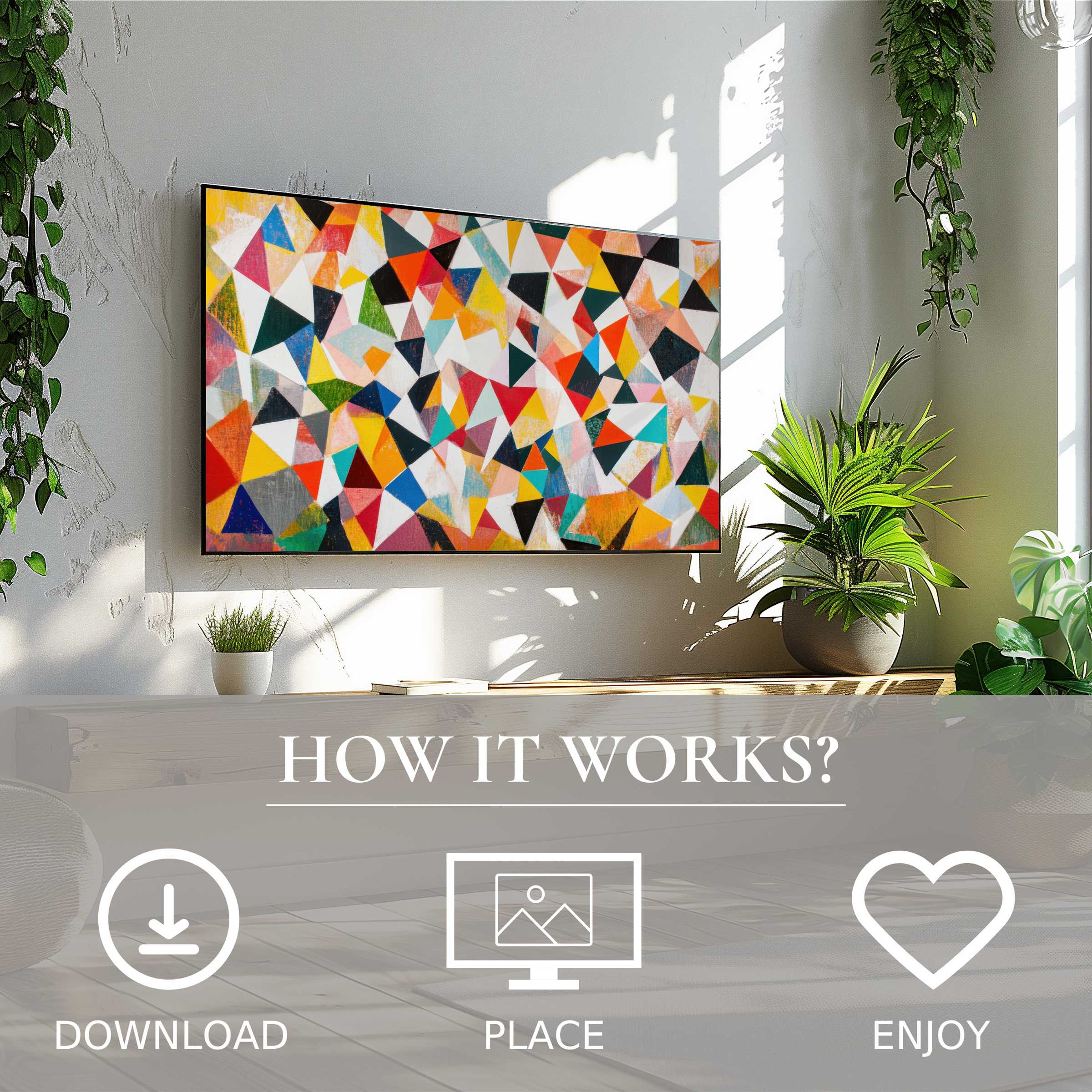 Bright geometric shapes abstract motif on Frame TV in airy room with plants; minimalist art for Samsung TV, easy digital download
