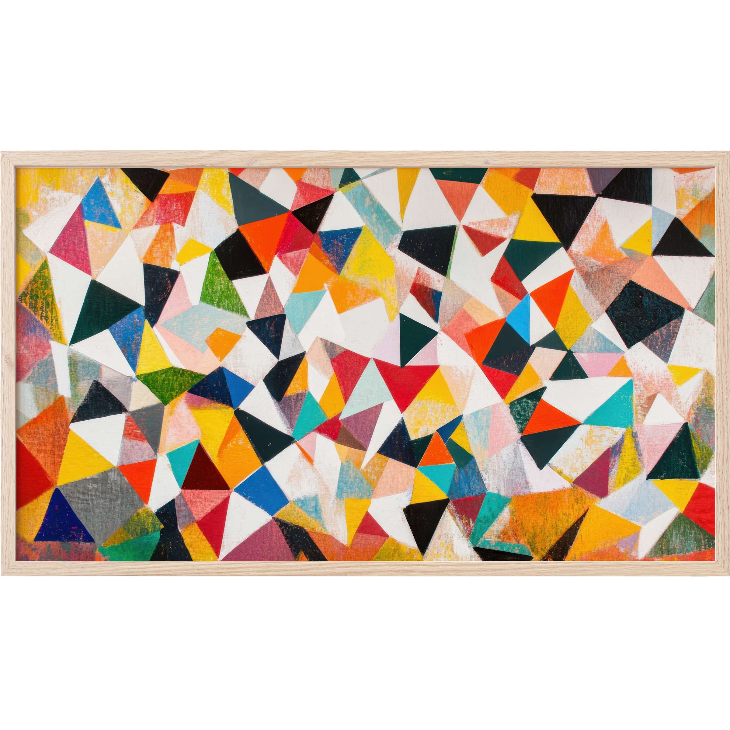 Vibrant geometric mosaic in bold hues with soft texture, framed elegantly as minimalist Frame TV Art for stylish spaces