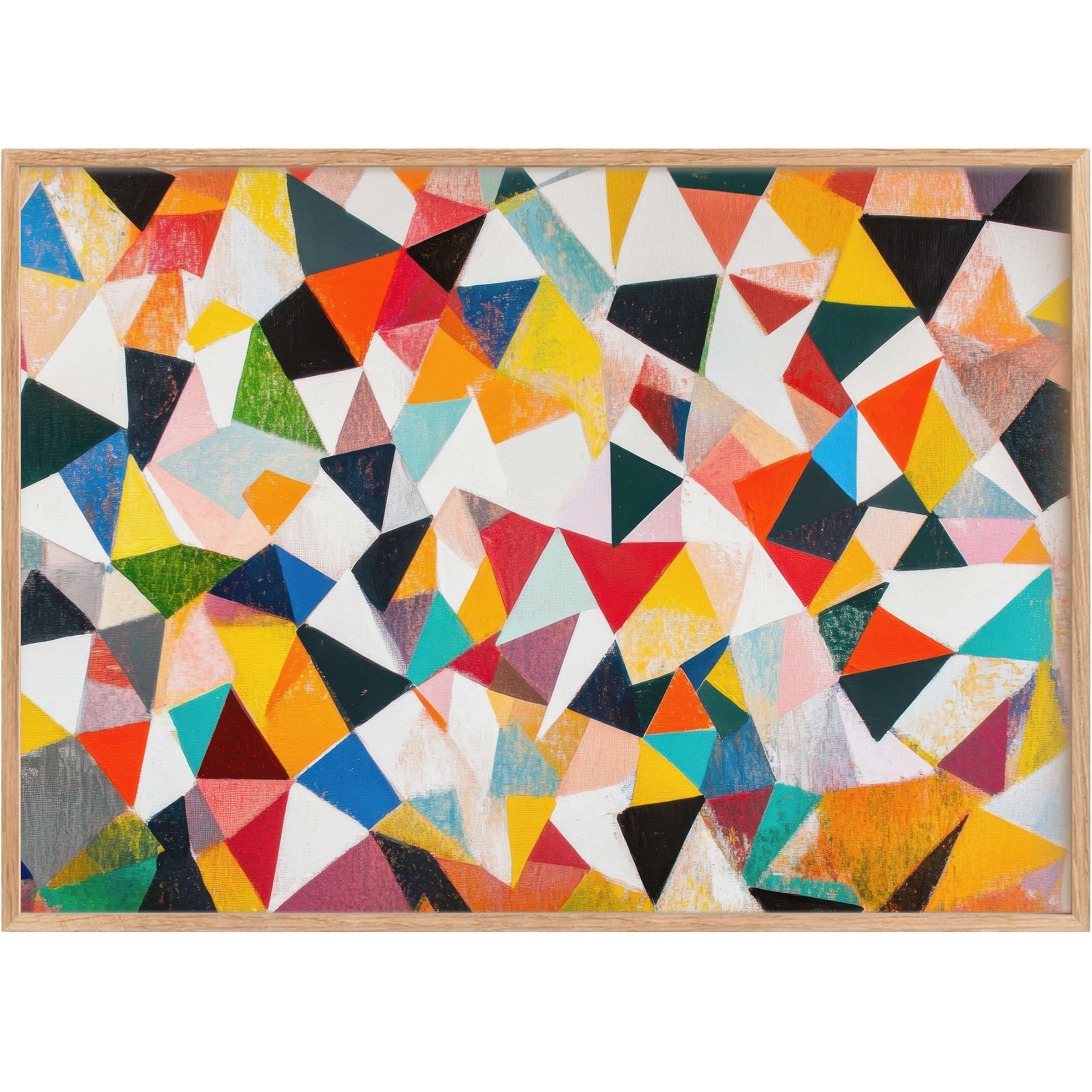 Vibrant minimalist printable wall art bursting with dynamic geometric shapes in bold reds, blues, and yellows, crafting an energetic, uplifting atmosphere