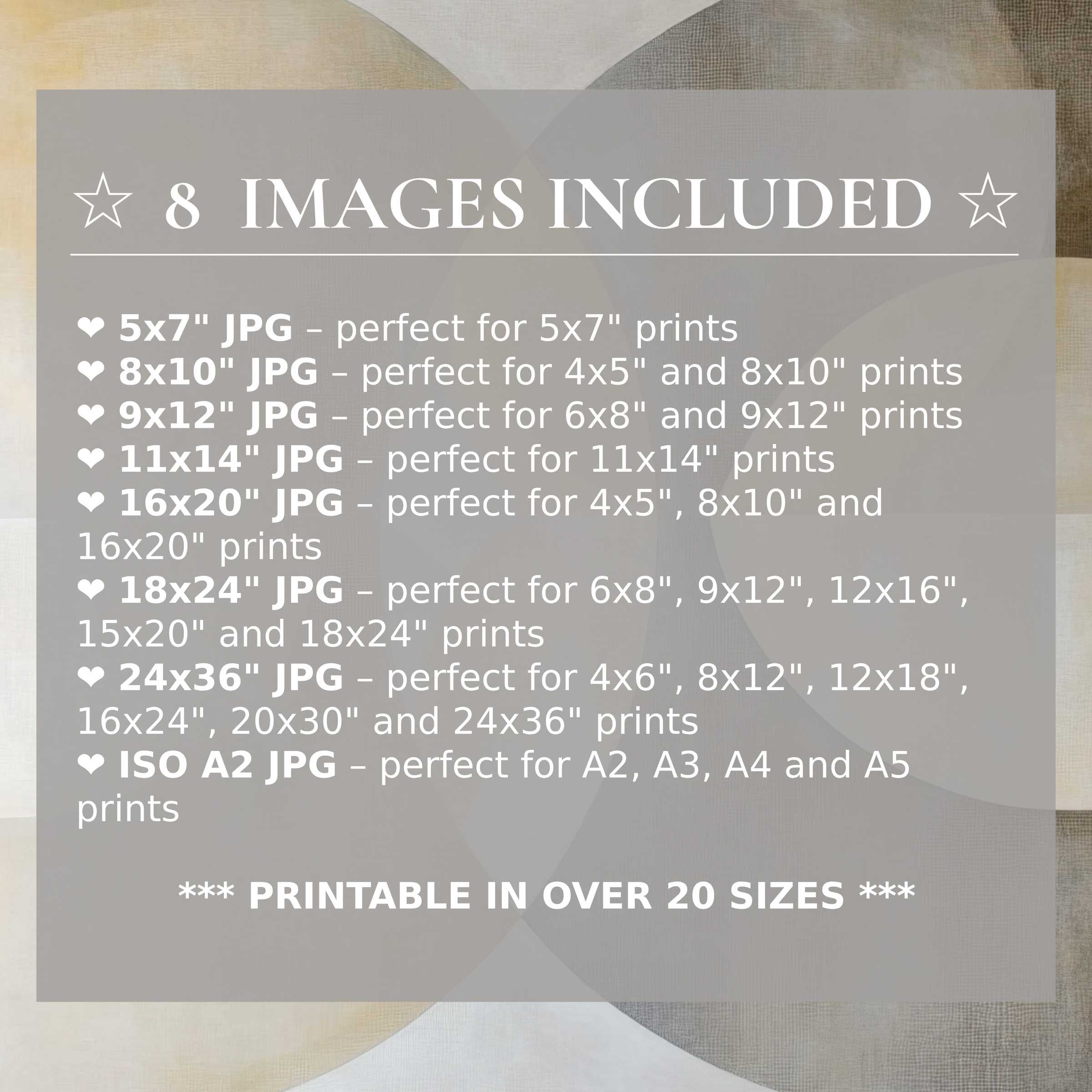 Neutral digital print with calming beige and soft taupe hues, delivering radiant elegance in 8 included high-quality sizes, perfect for modern interiors