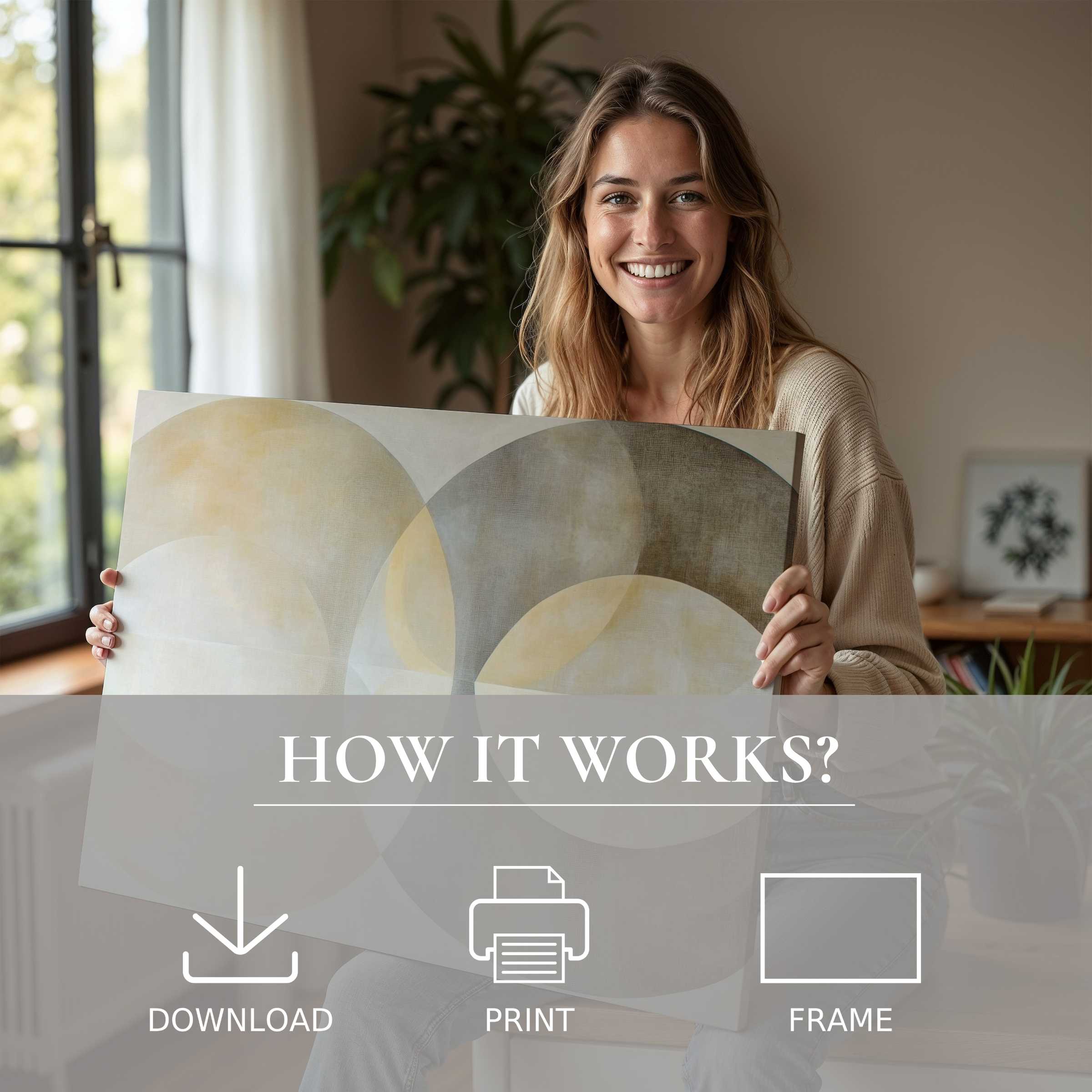 A serene moment of joy as a woman embraces a neutral digital art print, embodying effortless elegance and sublime connection with modern living