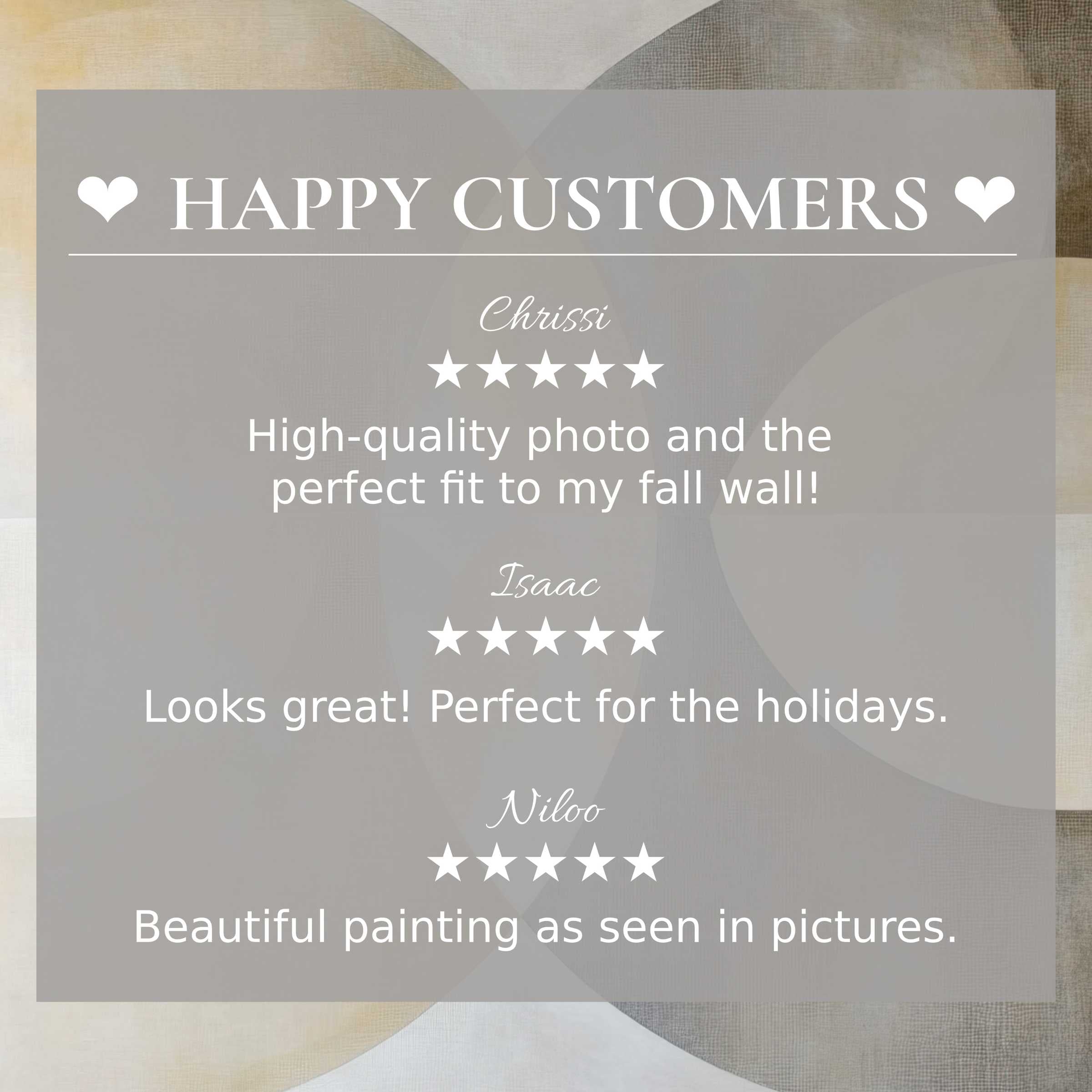 Neutral art for Frame TV with abstract beige circles, showcasing happy customer reviews and elegant trust-building design